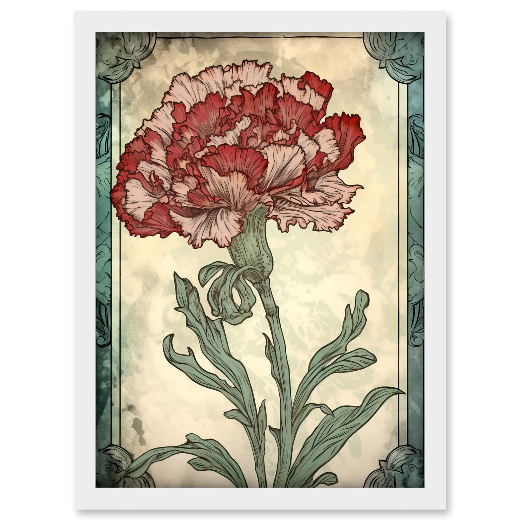 Artery8 Red Carnation Flower Bloom Watercolour Art Nouveau Artwork Framed A3 Wall Art Print