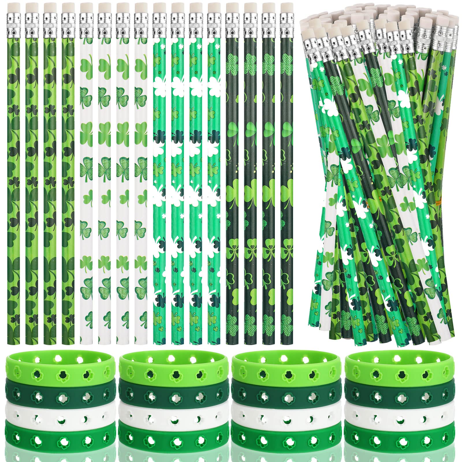 32 Pcs St. Patrick's Day Holiday Pencils with St. Patrick's Day Bracelets for Kids Set Include 16 Pcs Shamrock Wooden Pencils Green Pencils 16 Pcs Shamrock Rubber Wristband for Party Favor Supplies