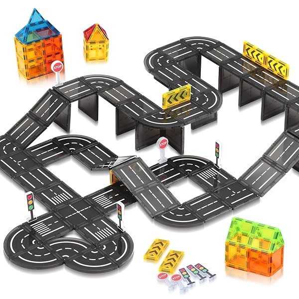 Magnetic Tiles, Construction Magnetic Road Tiles Set, STEM Road Blocks Building Tile, Educational Magnets Tile Toys for Boys Kids Toddlers Ages 3 4 5 6 7 8 9+ Year Old Gifts