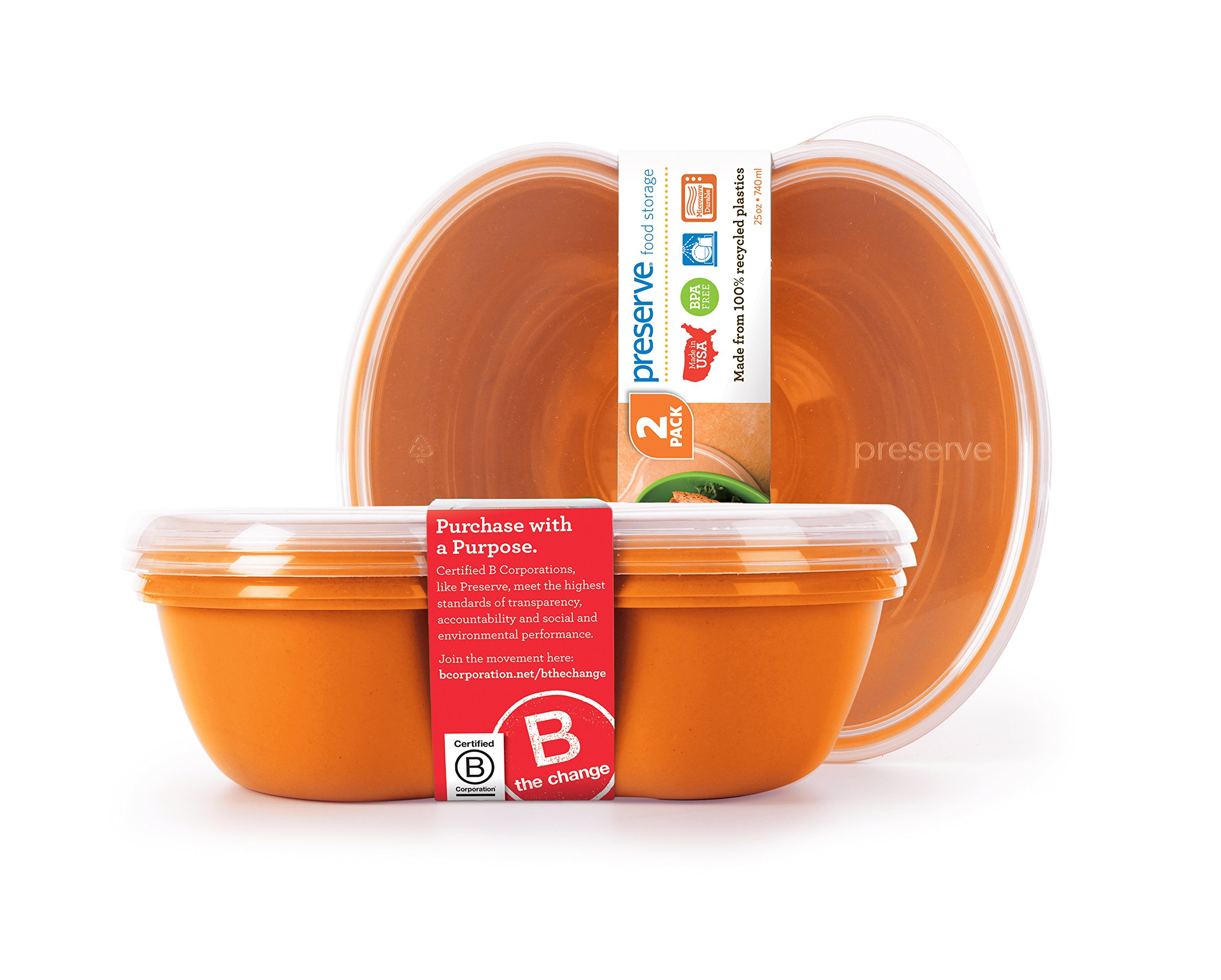 Preserve 46107 FBA_1211838 Square Food Storage Container Made from Recycled Plastic, 25 Ounce Capacity, Set of 2, Orange