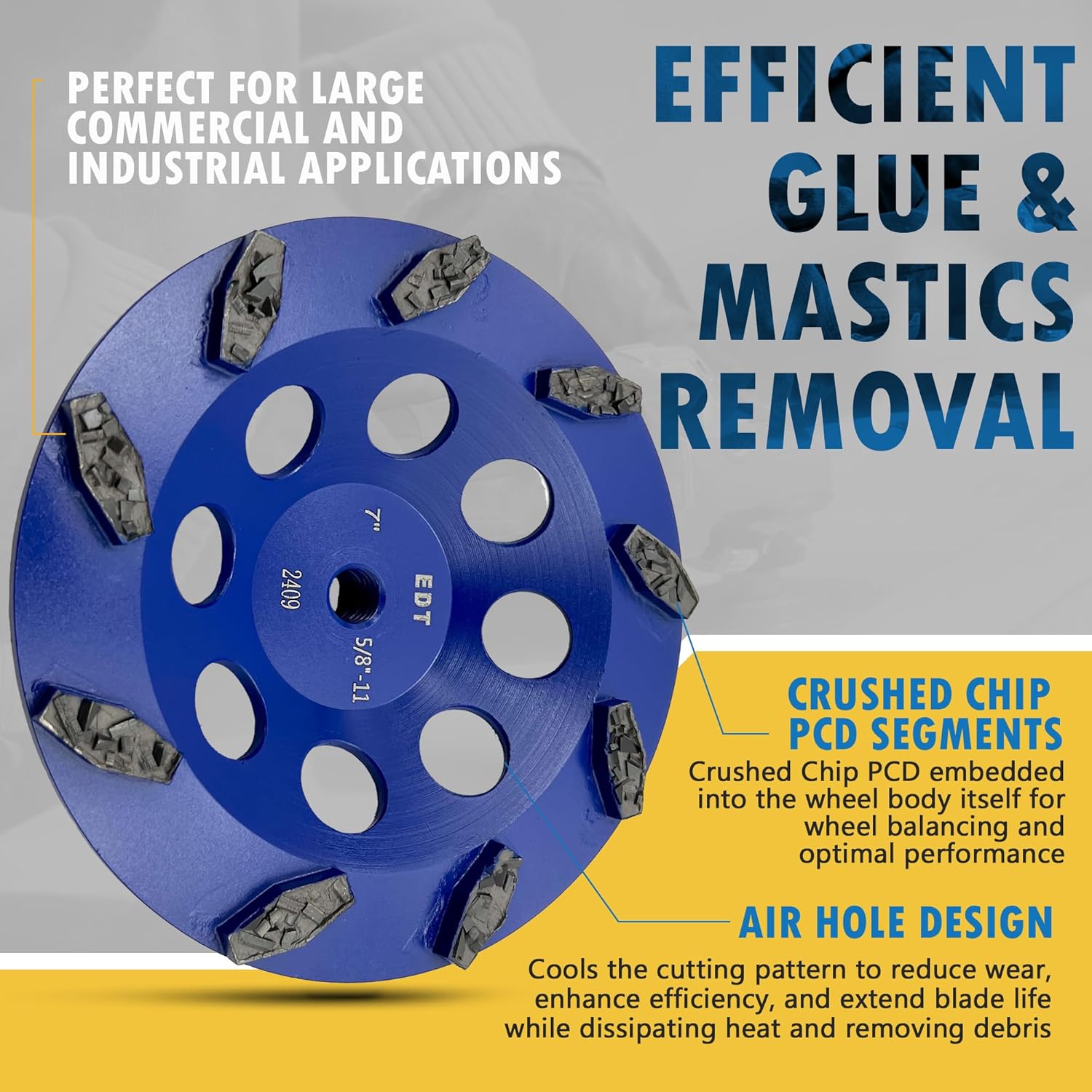 7" PCD Grinding Wheel for Epoxy, Glue, Mastic and Paint, 9 Crushed Chip PCD Segments, 5/8"-11 Threaded Arbor