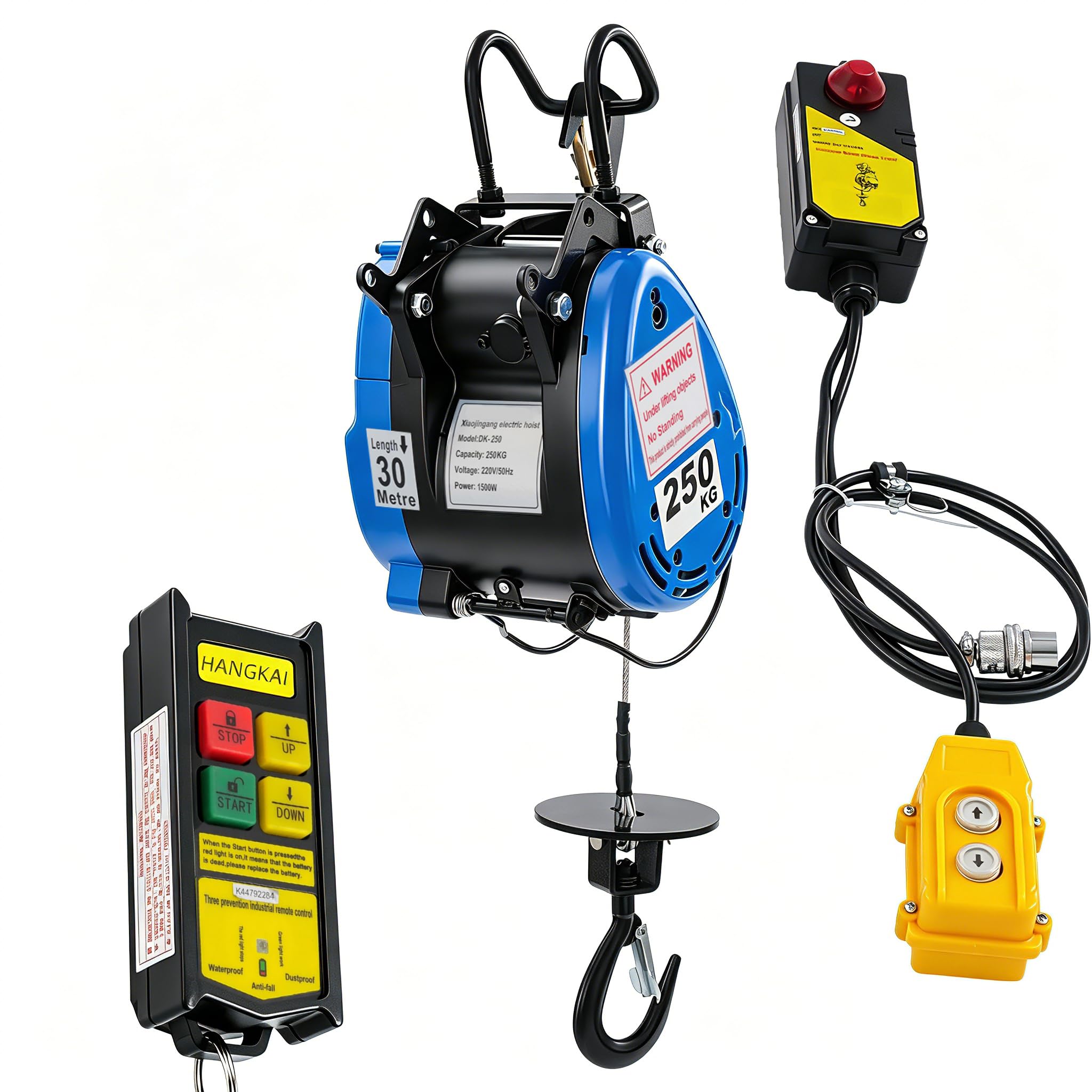 Mobile Seilwinde Elektrisch 230V 250kg Tragkraft 29m-Hubhöhe 19m/min Elektro Seilhubzug mit Funkfernbedienung (100m) 30m-Stahldrahtseil Hängetaster Sicherheits-Lasthaken Begrenzer 1.5m-Kabellänge