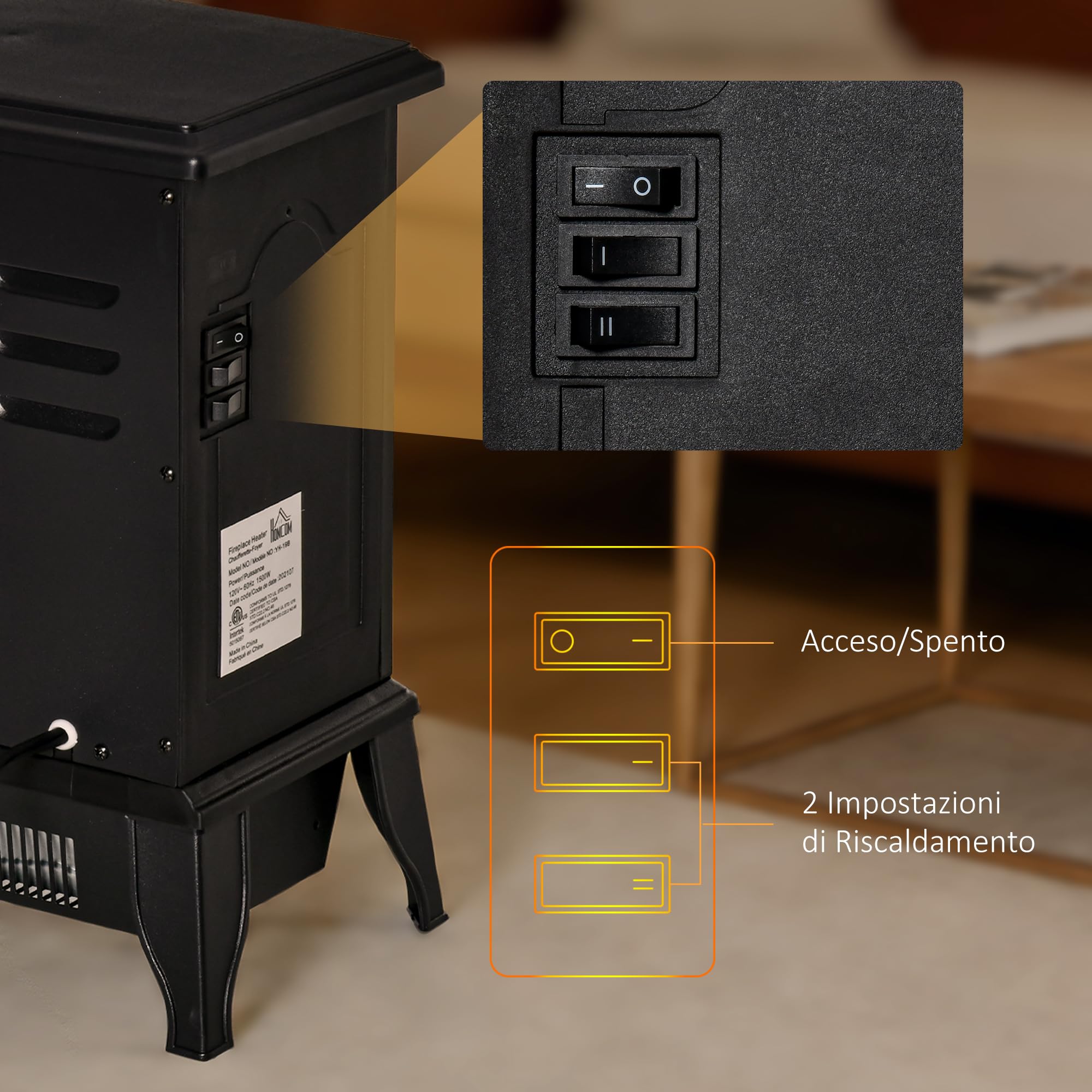 HOMCOM Camino Elettrico da Terra con Potenza Regolabile 1000W/2000W ed Effetto Fiamma Realistico, Caminetto Portatile in ABS e Vetro Temperato, 36.5x24x45.5 cm, Nero