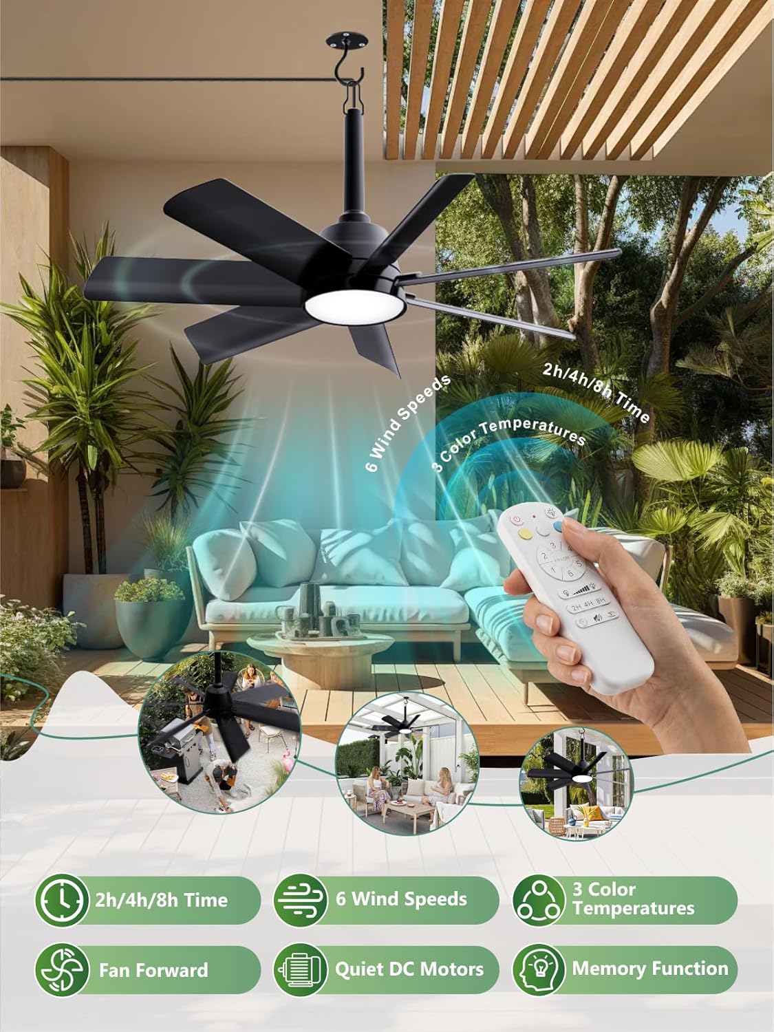28 Inch Plug-In Outdoor Ceiling Fan with Light and Remote, Waterproof Hanging Fan Light with Hook, 6 Speed, Reversible, 3000k-6000k LED, Portable Fan for Camping, Patios, Porch, RV (Black)
