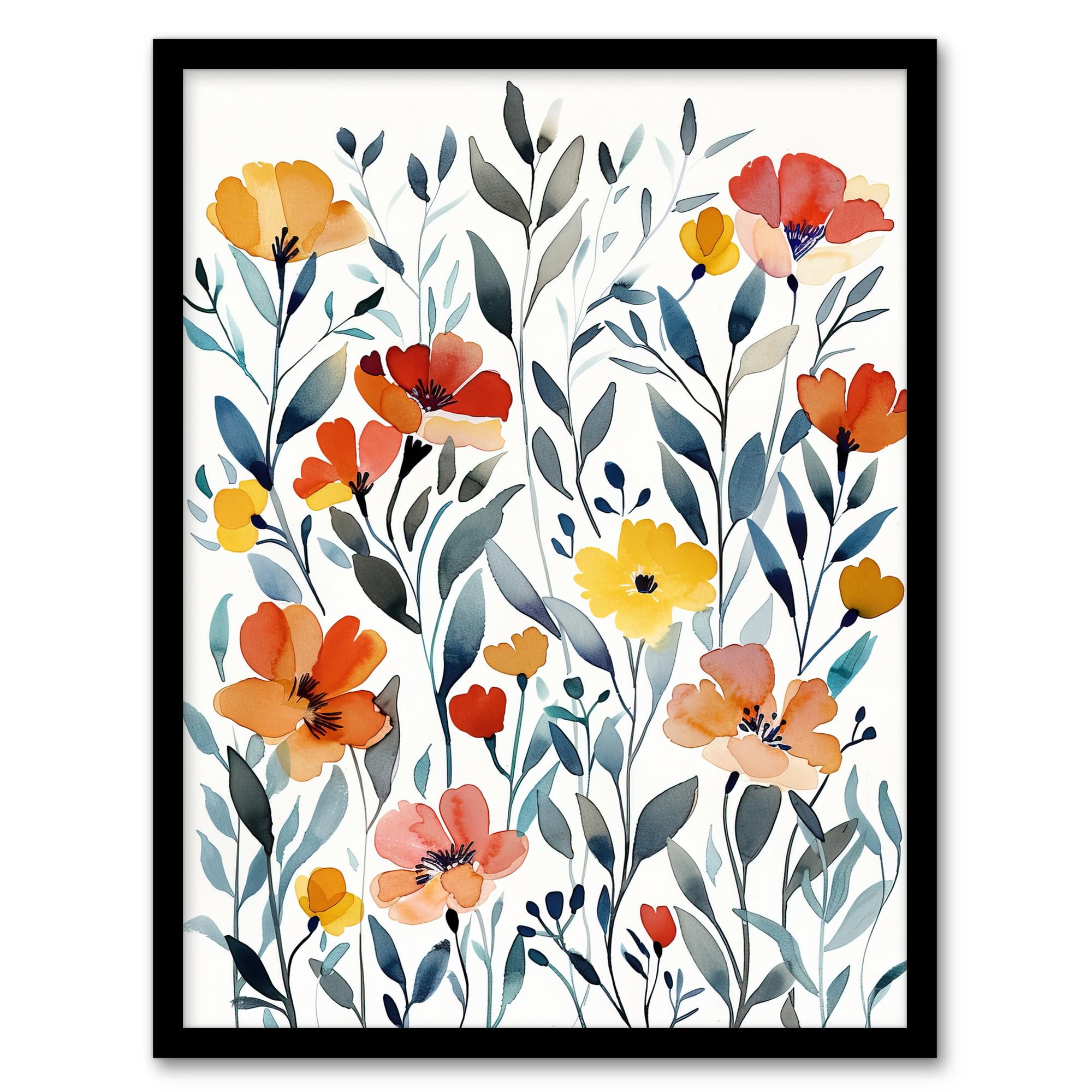 Artery8 Watercolour Wildflower Field Orange Yellow Floral Wall Art PrintA4 Size from B&Q