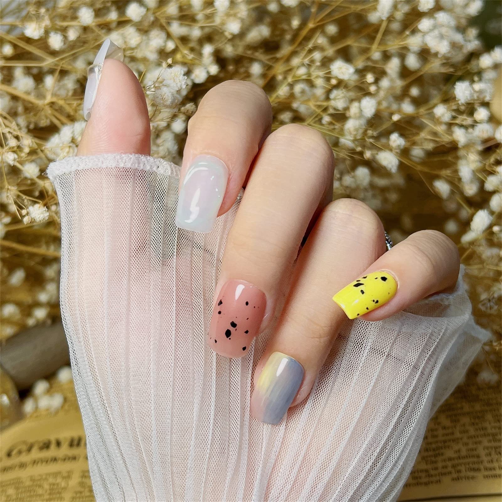 AKAZI Unghie a Pressione, 10 Pezzi di Manicure indossabili, Unghie finte Fatte a Mano, Set di Unghie finte Artificiali riutilizzabili per Donne e Ragazze (L, F) (GM)
