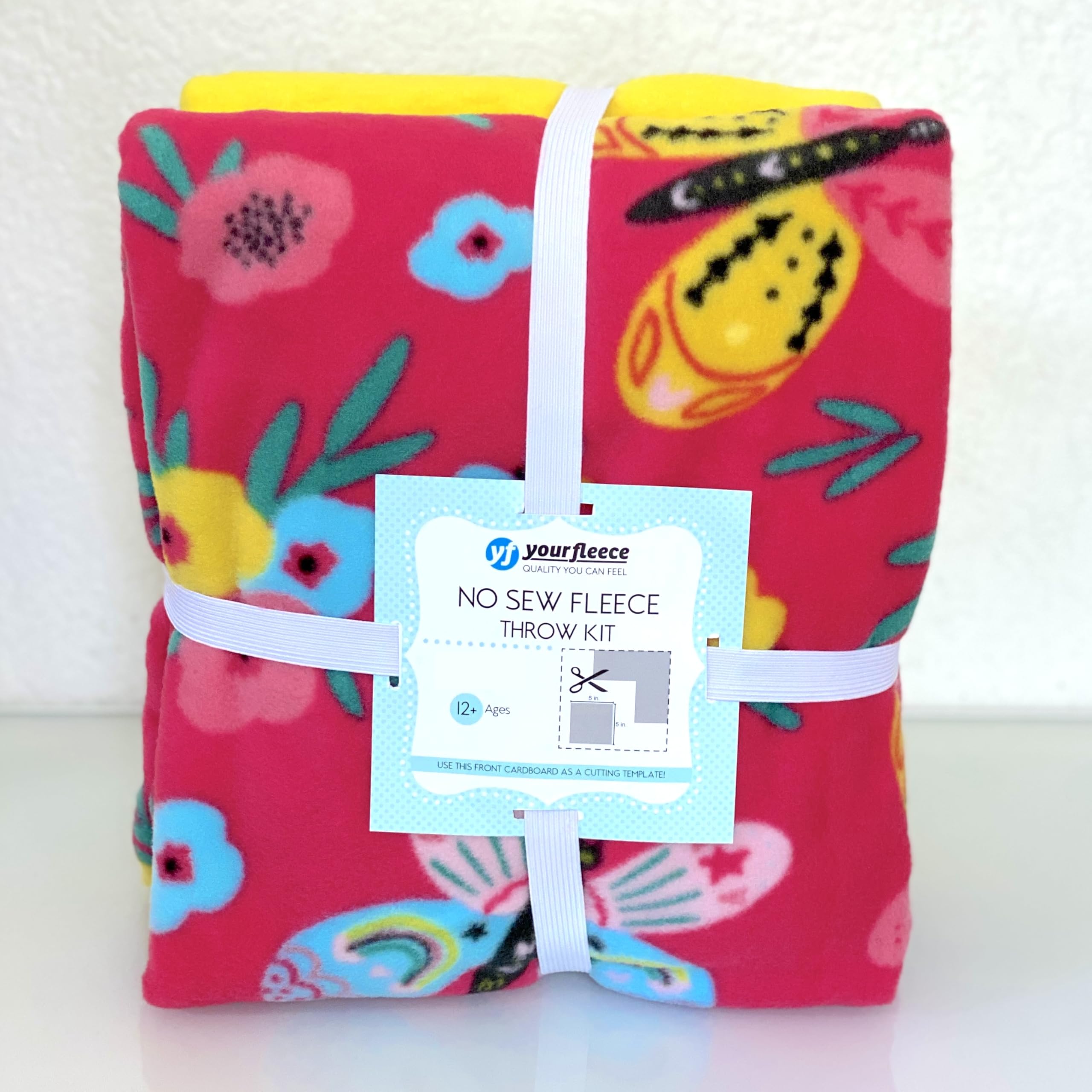 Butterfly and Flowers Pink Anti-Pill Premium No-Sew Throw Fleece Fabric Kit (50x60)