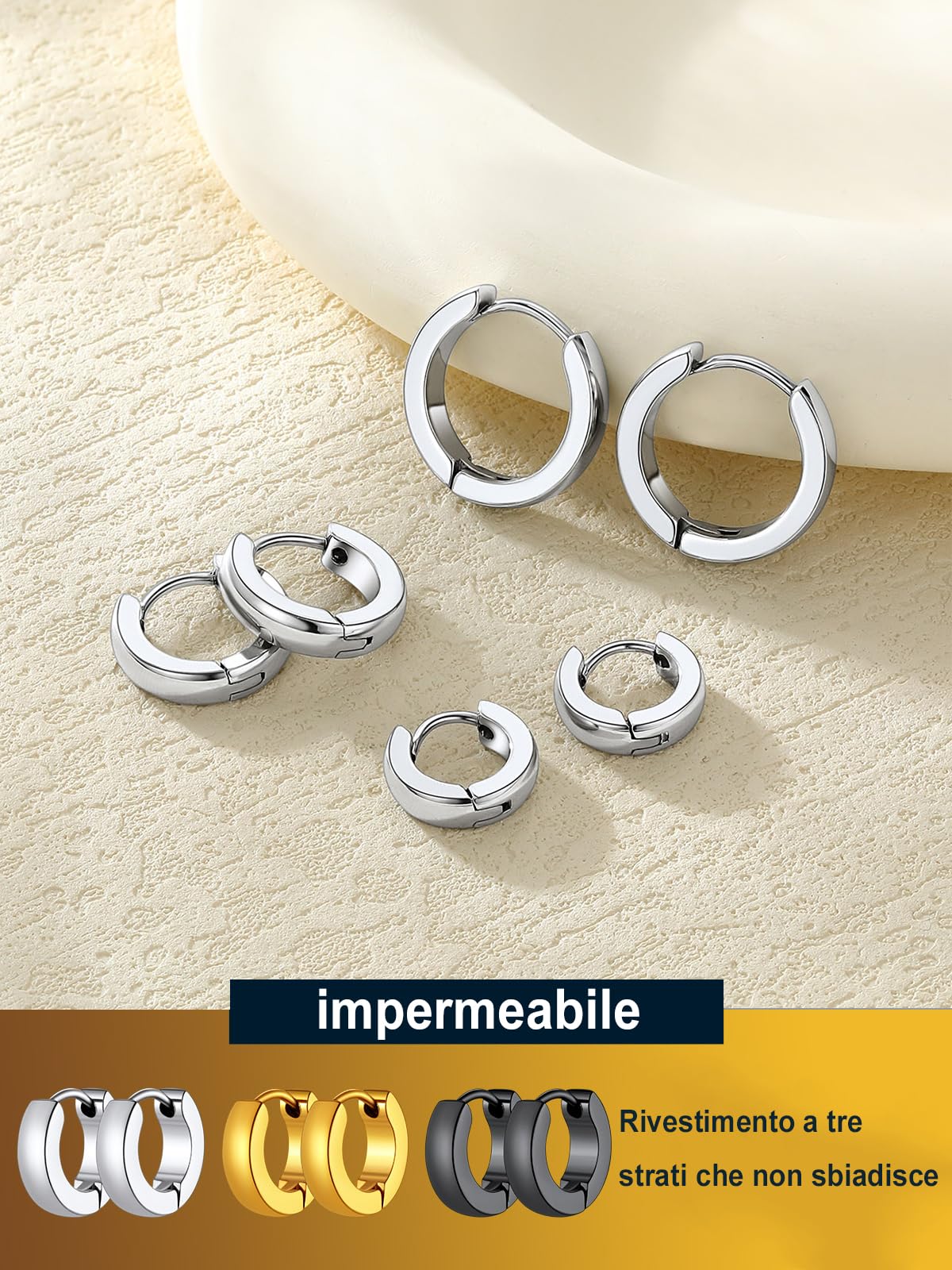 PROSTEEL 3 Paia Orecchini a Cerchio Uomo Donna Cerchietti Orecchini Colorati 7/9/12 mm in Acciaio Inossidabile/Nero/Oro Placcato con Confezione Regalo