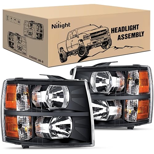 Nilight Headlight Assembly for 2007 2008 2009 2010 2011 2012 2013 Silverado 1500 2007-2014 Silverado 2500HD 3500HD Replacement Headlamp Black Housing Amber Reflector