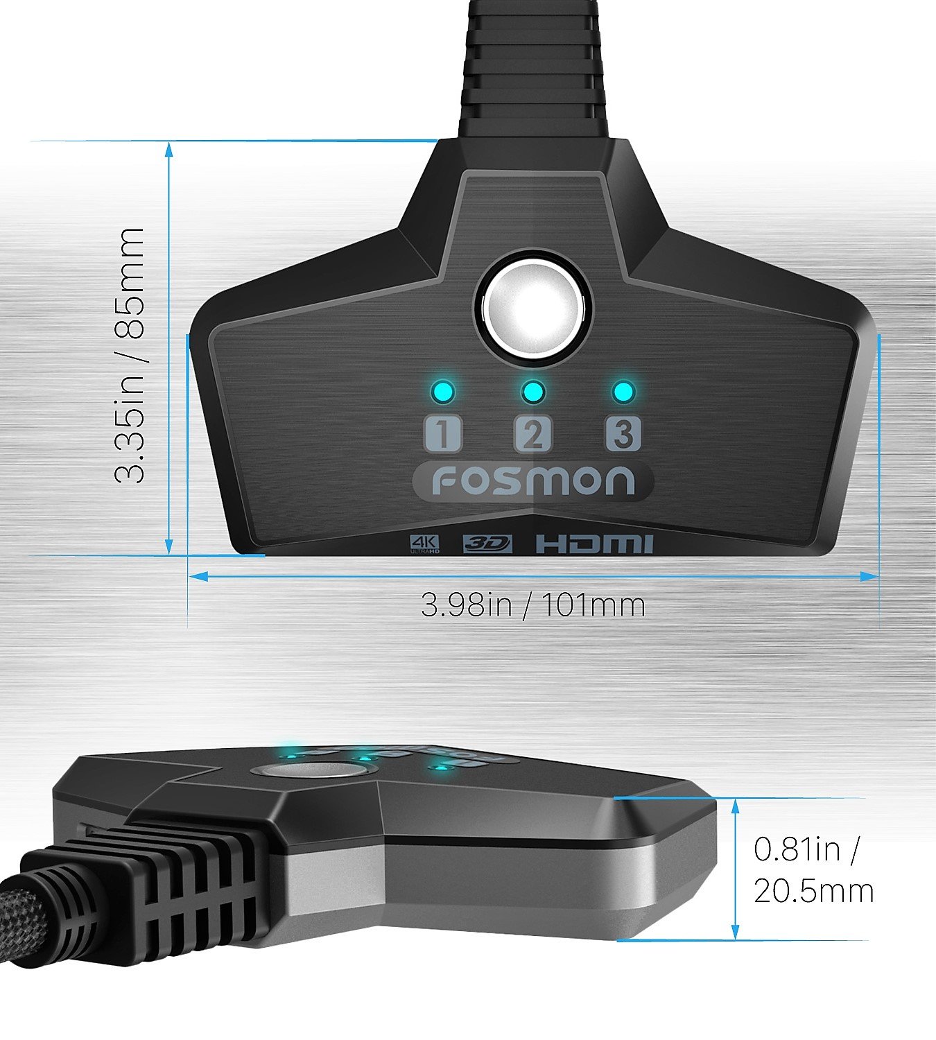 Fosmon Commutateur HDMI 2.0 Automatique 4K 60Hz 3-Port, Switch HDMI Auto Switcher Répartiteur UHD HDR 3D Full HD 1080p HDCP 2.2, 3 Entrées 1 Sortie HDMI Splitter Sélecteur pour PS4 Xbox Roku Apple TV