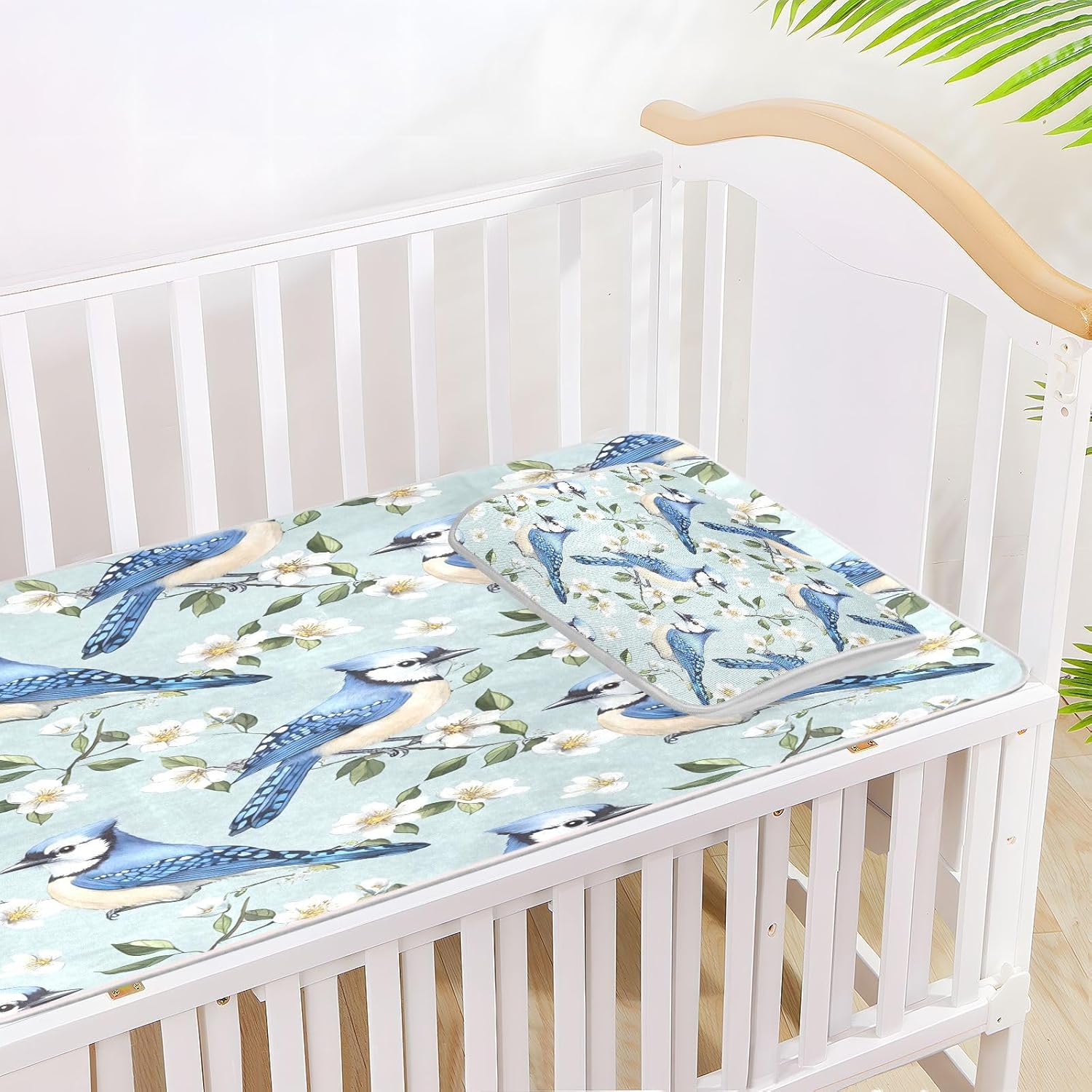 Cooling Baby Mattress pad Cover 28" x 52" Reusable Spring Blue Green Birds Mattress Protector Pads for Baby&Toddler