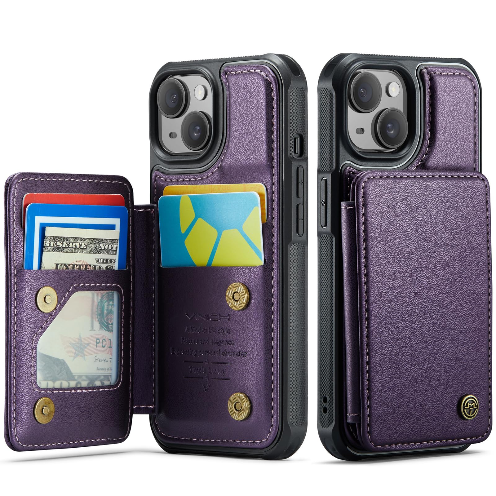 Vinich for iPhone 15 Wallet Case with Card Holder, RFID Blocking Credit Slots Kickstand Shockproof Phone Cover for Women Men, PurpleCarbonfree Certified