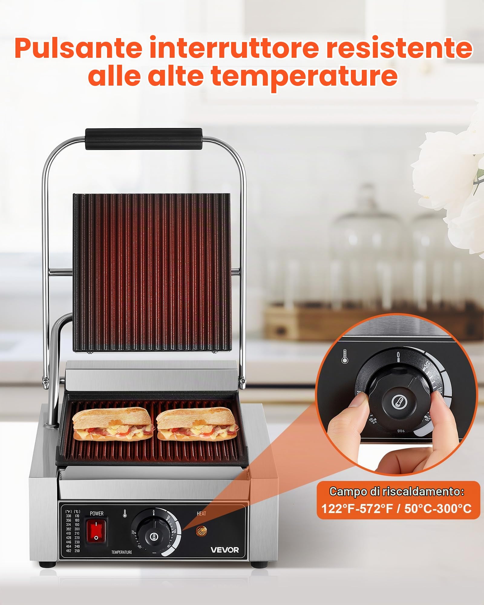 VEVOR Piastra Elettrica per Panini Professionale, 1800 W, in Acciaio Inox con Maniglia e Controllo della Temperatura, Piastra Smaltata Scanalata Piatta da 22 x 23 cm, per Bistecche, Pancetta
