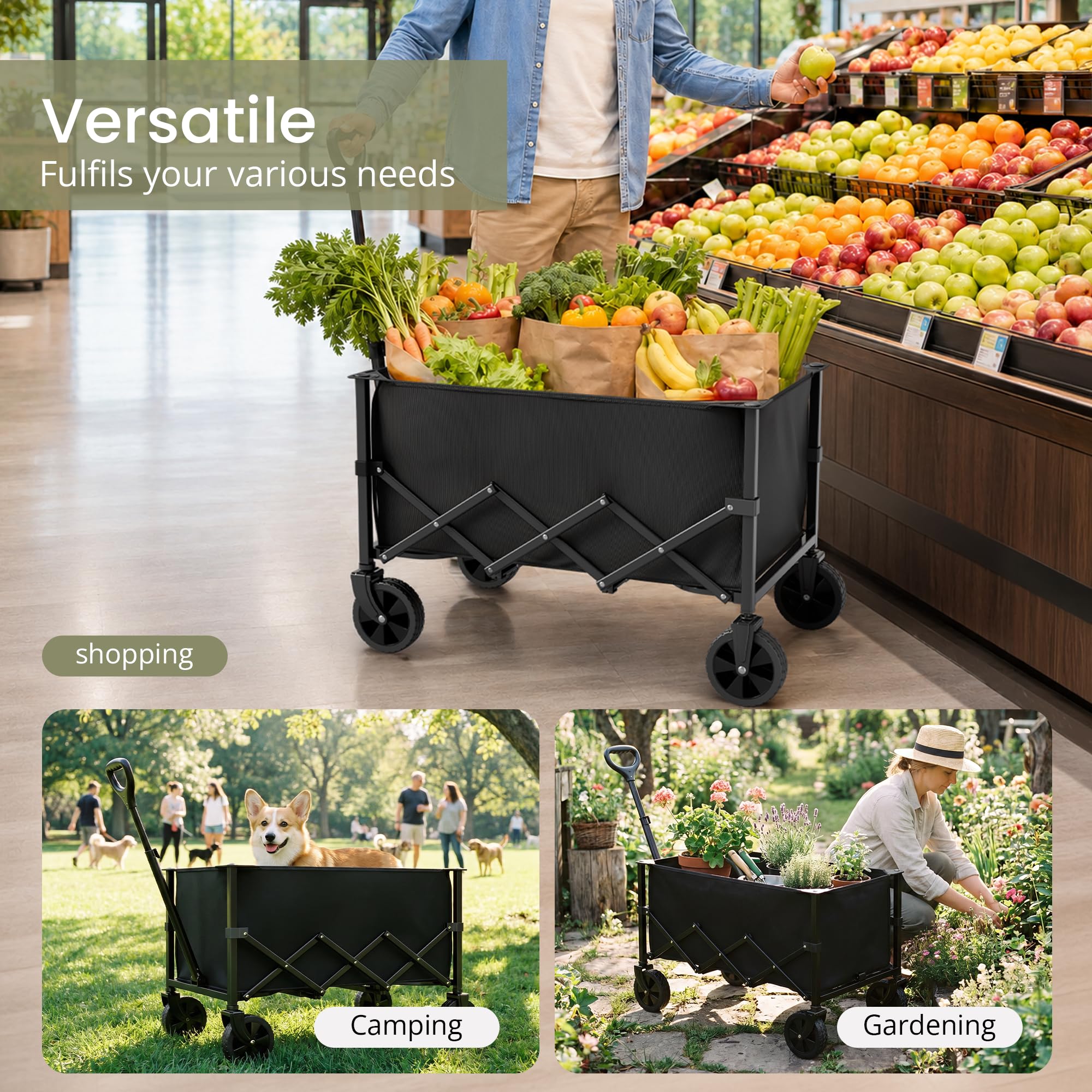 RYGEO Carrello da 100 litri su ruote, carro pieghevole, portatile da campeggio, carrello pieghevole per spiaggia, giardino, picnic, shopping, pesca, manico regolabile, nero