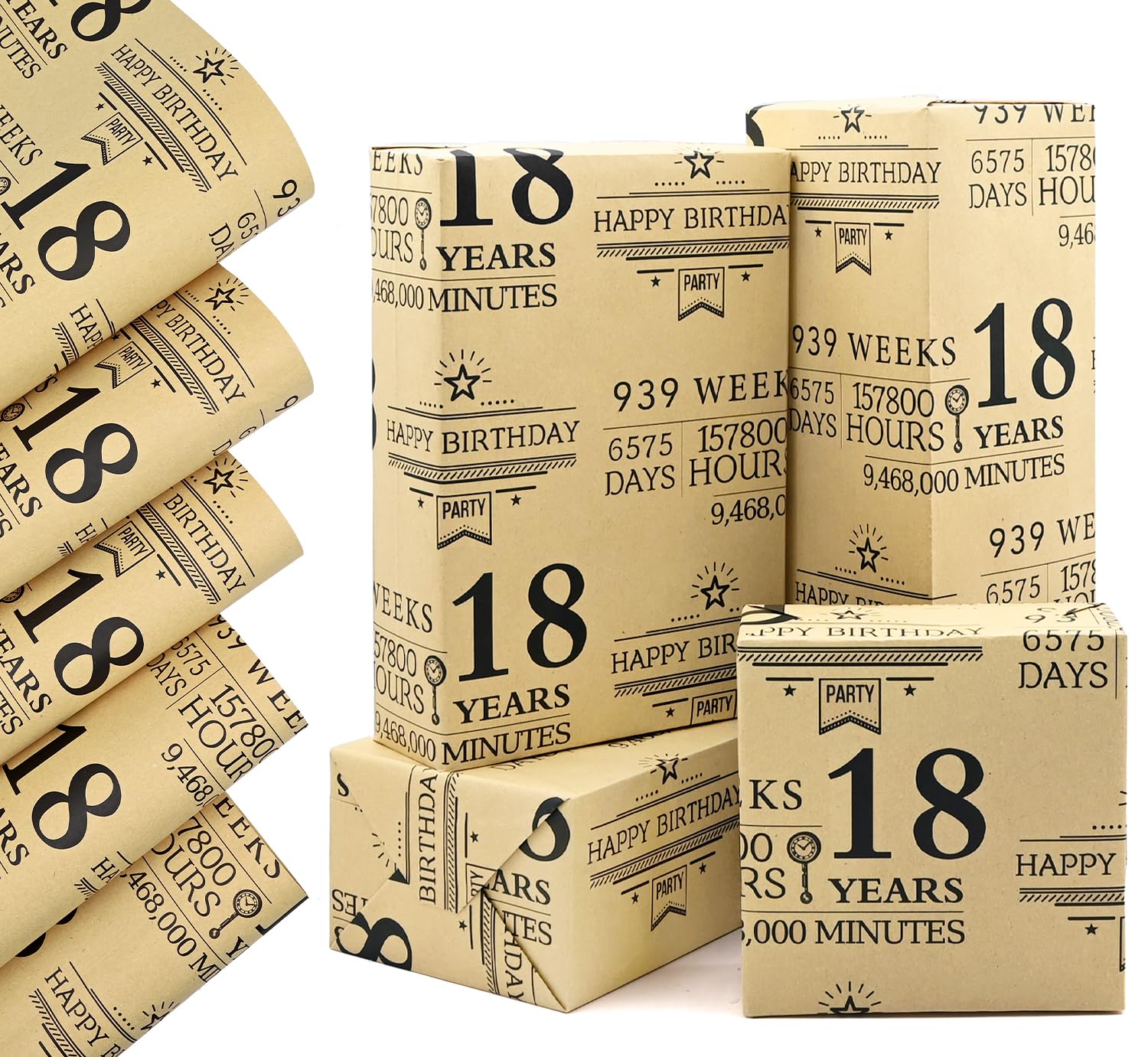 QRTDXP 50x 70cm 18th Birthday Wrapping Paper, 5pcs Recyclable Kraft Paper Sheets Designed for 18 Years Old ，Suitable for Packing Birthday Party Present