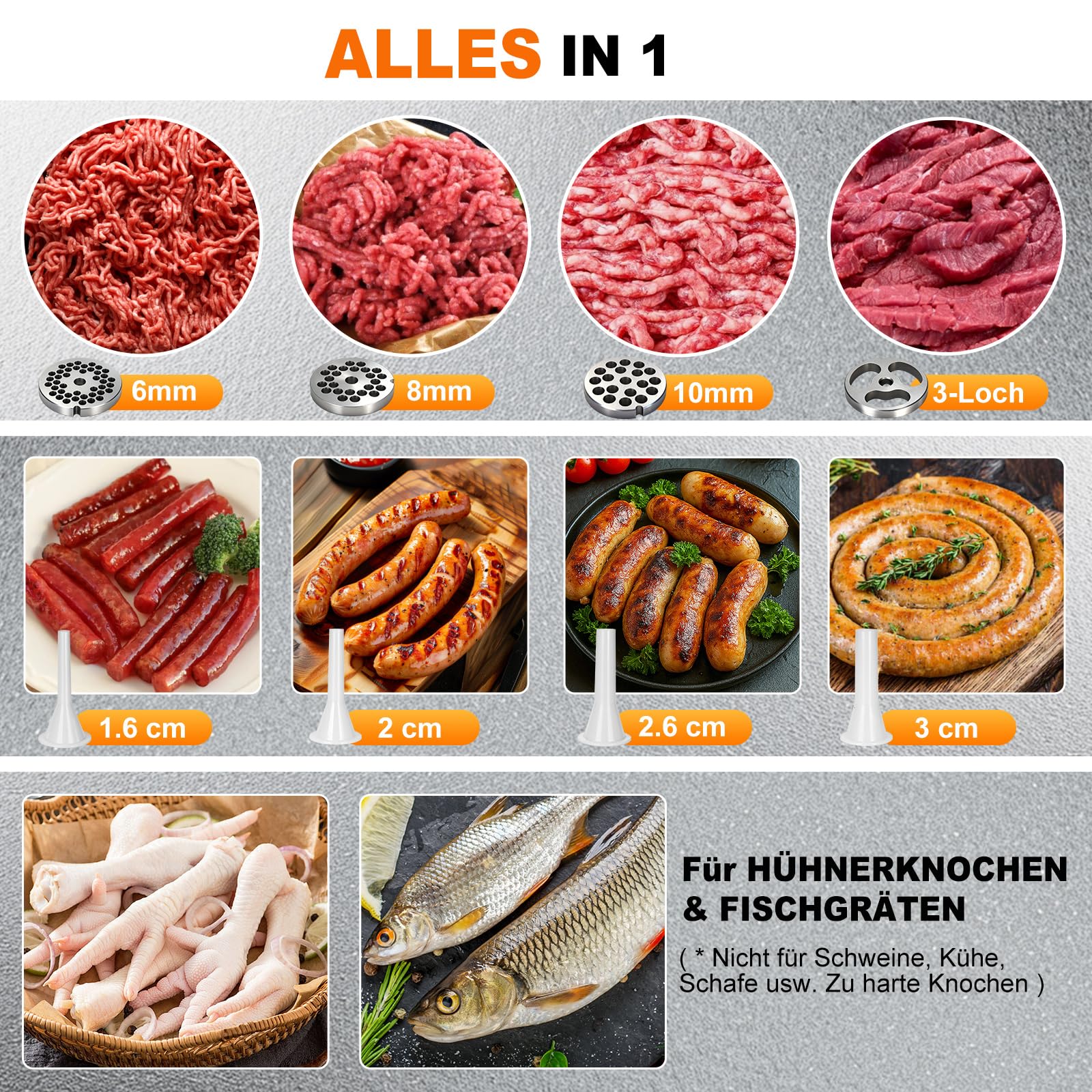 Anatole Fleischwolf Elektrisch Profi Wurstmaschine Edelstahl 950W | Knochenmühle, 6/8/10mm/3-Loch Schleifplatten, 2 Klingen, 4 Wurstfüller, Kompakte Bauweise, für Restaurant Hotel Hause, 220V