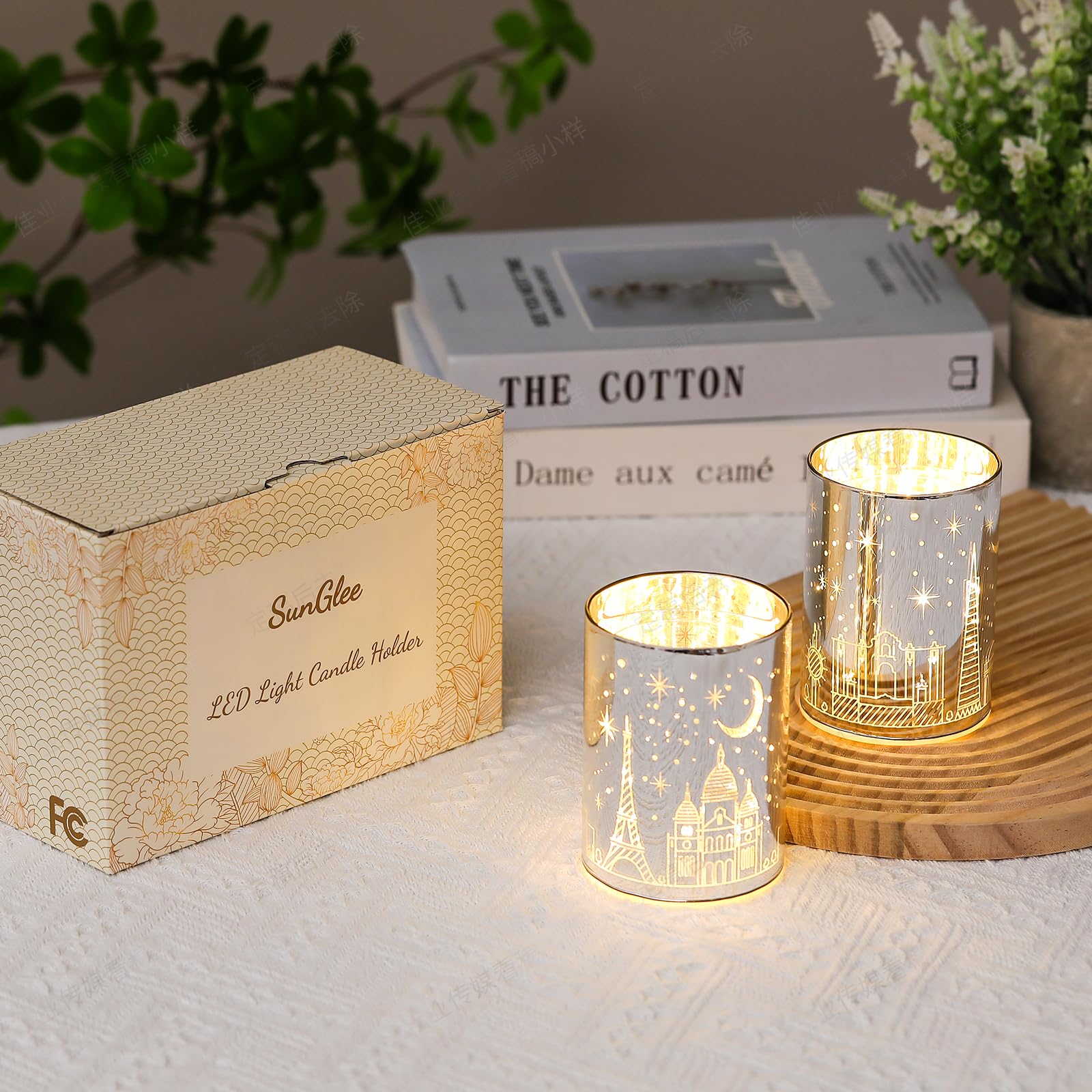 Votive Candle Holders, SunGlee Tealight Candle Holder with Gift Box, Glass Candle Holder with LED Light for Table Centerpieces, Tea Party, Wedding,