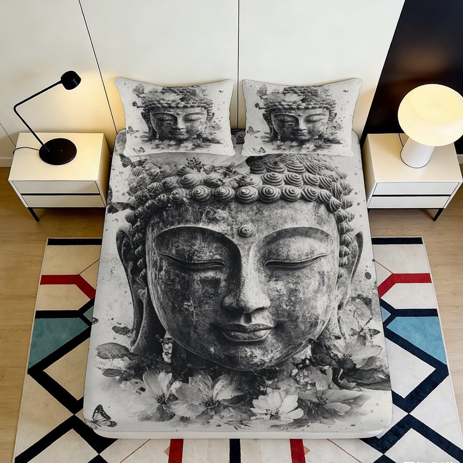 3D Printed Buddha Statue Fitted Sheet Microfiber Anti-Slip Black White Zen Lotus Bed Cover Bedroom Decor 90x200x25cm