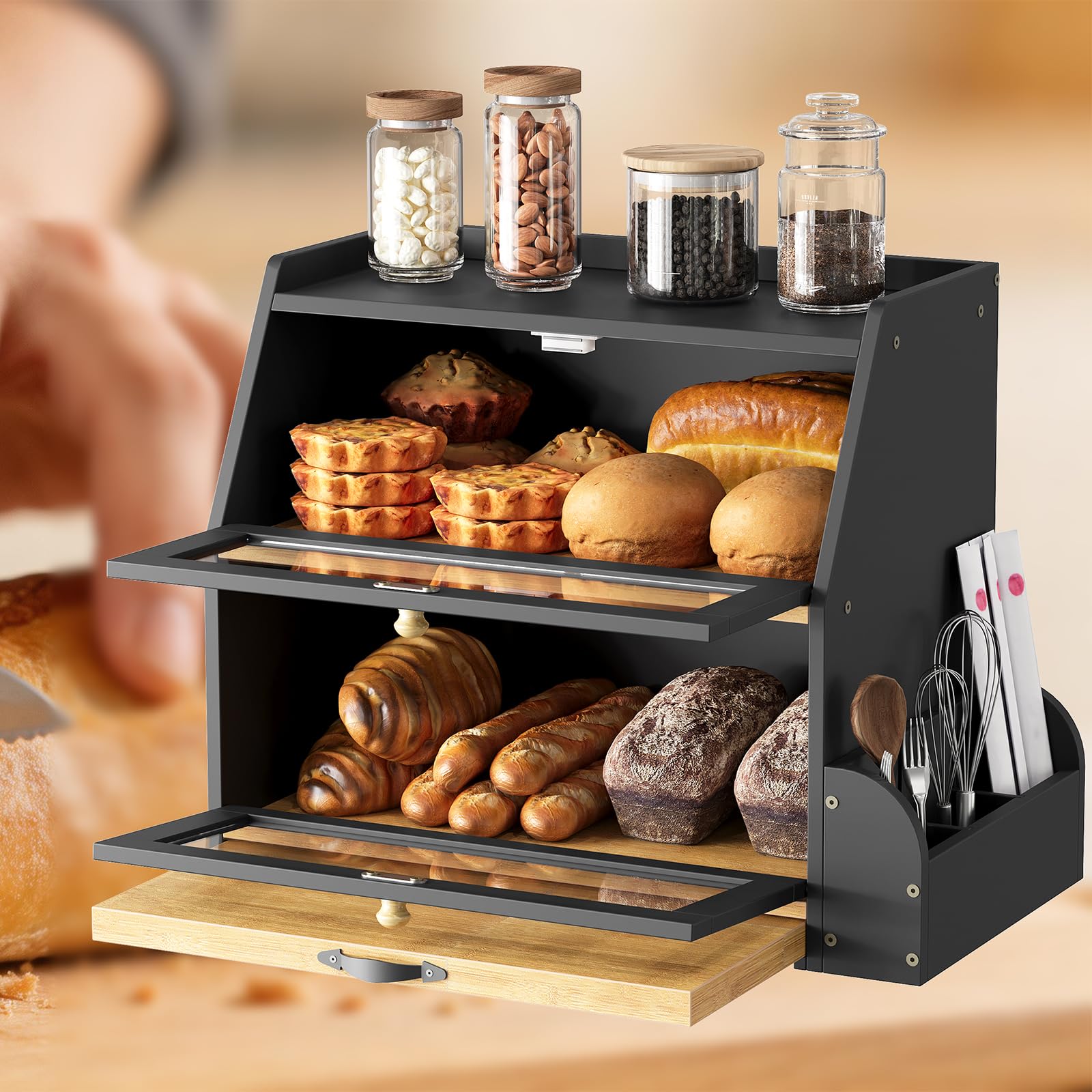 HOOBRO 2-stöckiger Brotkasten Bambus mit Schneidebrett und Besteckhalter, Brotbox mit Acryltüren, Brotkorb, Brotaufbewahrung, Brotbehälter für Küche und Esszimmer, Schwarz und Natur EBY23MB01