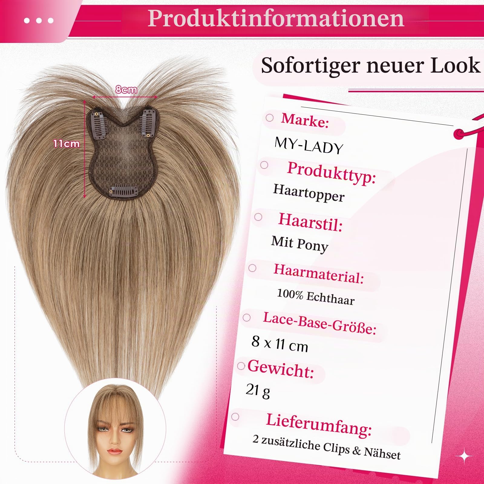 MY-LADY Clip in Pony Haarteile Echthaar 360°Abdeckung Haar Toppers für Frauen Dünnes Haar 21g 11inch #4p27 Mittelbraun/Dunkelblond Hair Topper