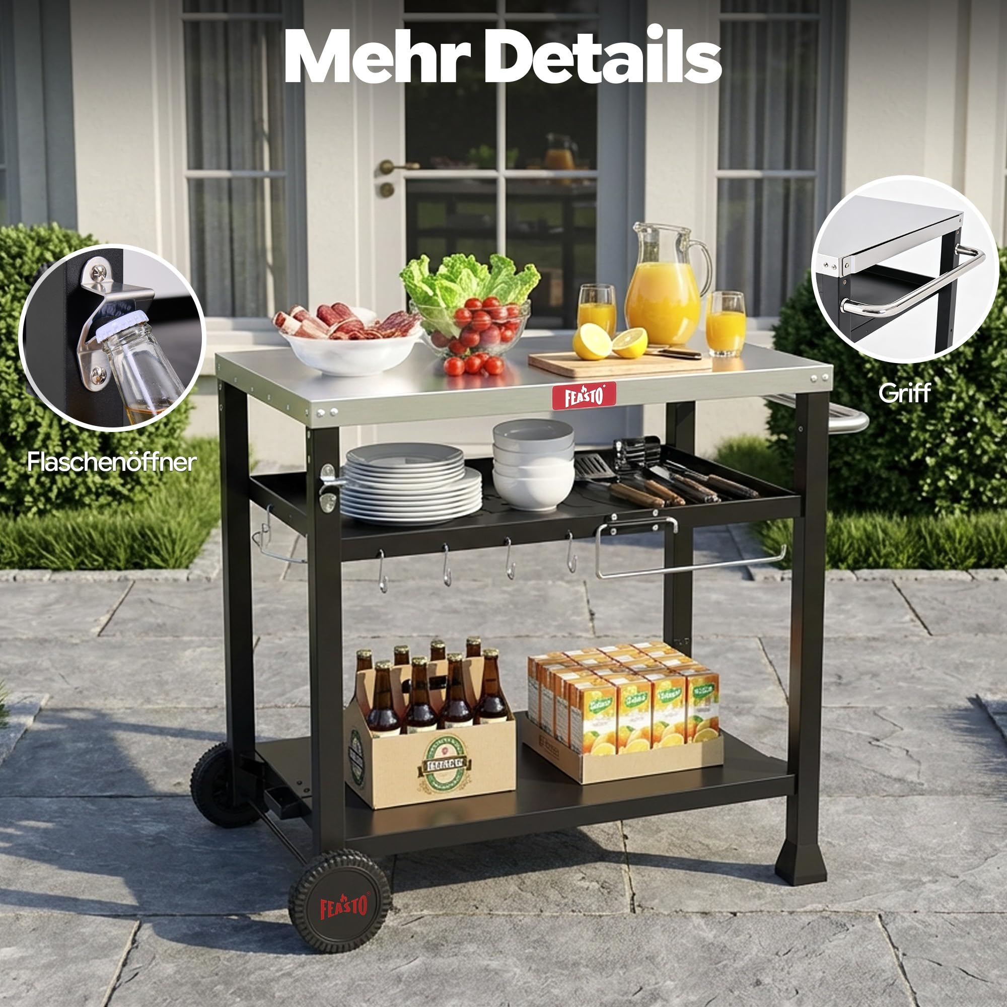 Feasto Grillwagen Outdoor 3 Etagen, Multifunktionaler Grilltisch mit Edelstahlplatt, Griff, Rollen, Ideal für Küche, Terrasse, Balkon und Buffet, 95x64x84cm, Schwarz