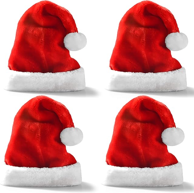 JOYIN Premium Santa Hats (4 Pack), Plush Red Velvet Christmas Hats with White Cuffs
