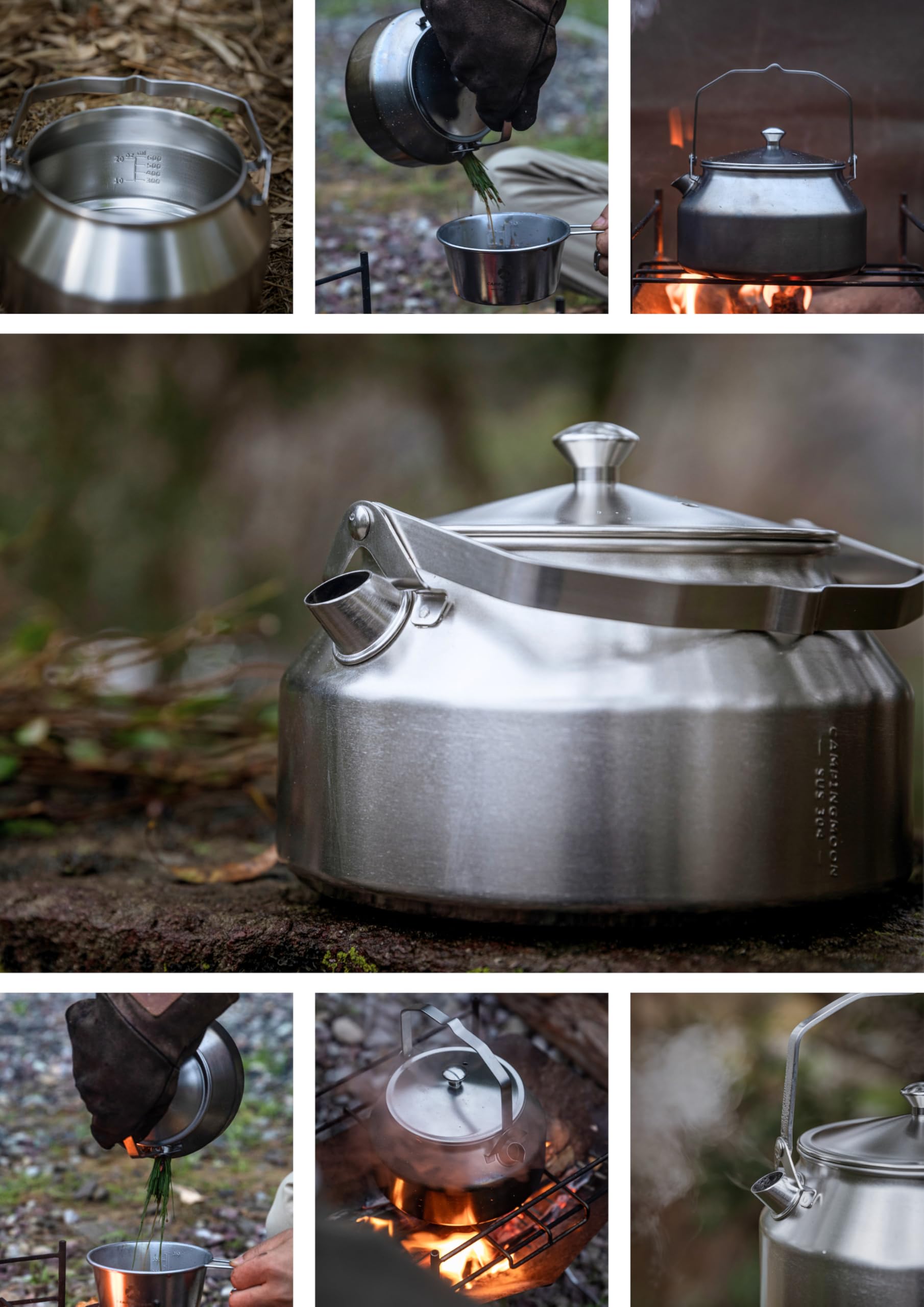Campingmoon Bouilloire de camping portable en acier inoxydable pour camping, café, thé, bouilloire légère pour randonnée, pique-nique, pêche 1 L