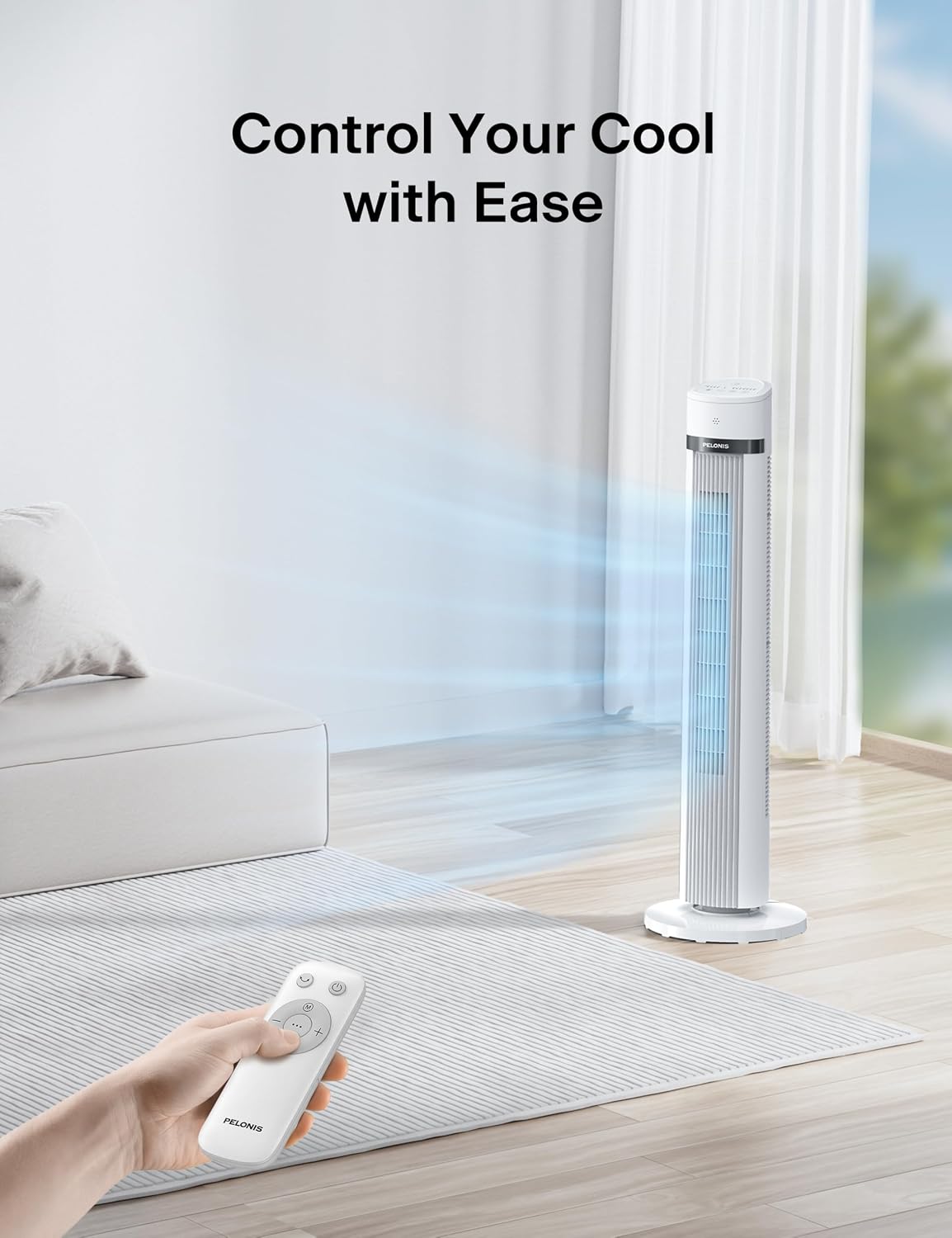 PELONIS 40 inch Bladeless Tower Fan for Bedroom, Standing Fan with Remote Control, 26ft/s, 90° Oscillation, 3 Speed Settings, 27dB, 3 Modes, 15-Hour Timer, LED Display, Fan that Blows Cold Air, White