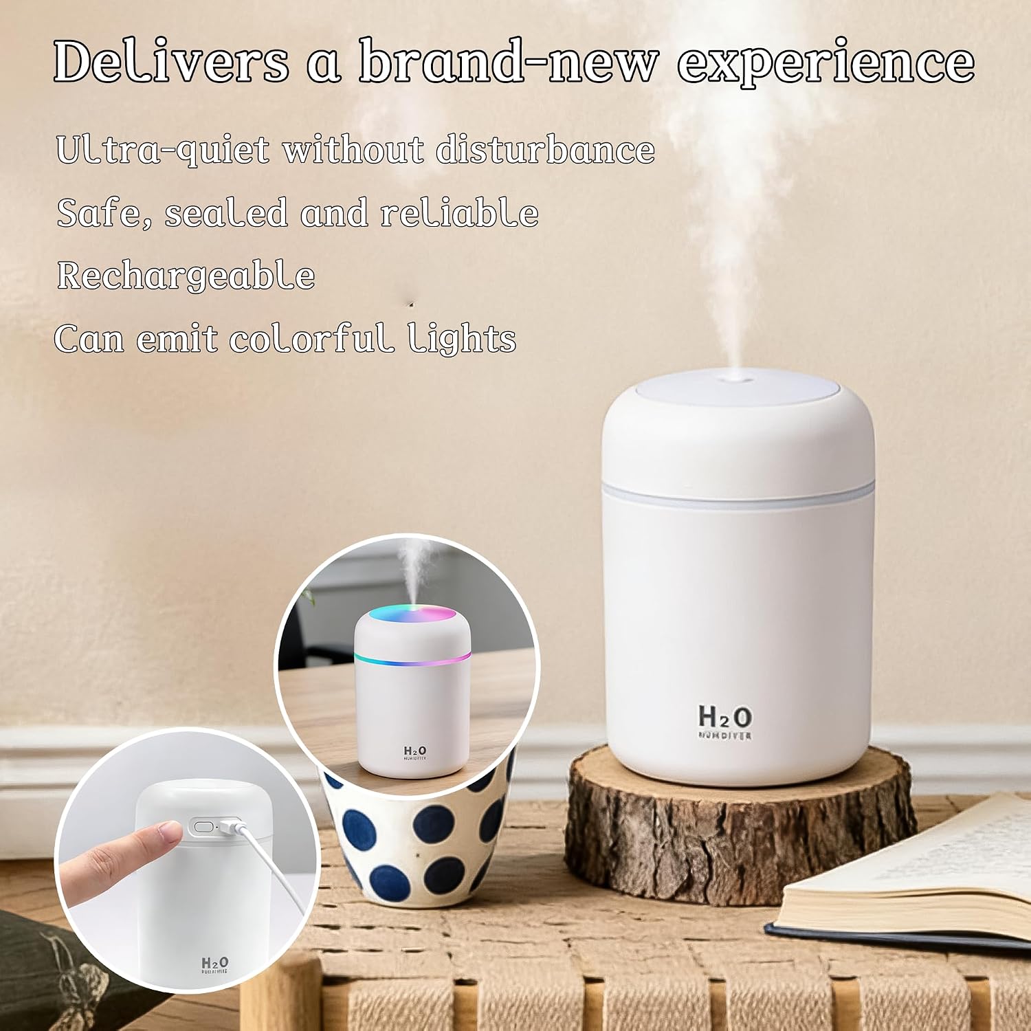 300ml USB Cool Mist Small Humidifier with Colorful Lights,Portable Mini Humidifier, Perfect for Bedroom, Office, Plants, travel & Car, White