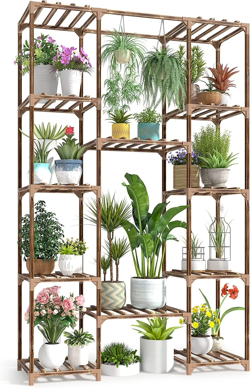 Wood Plant Stand Indoor Outdoor, 62.2" Tall Flower Shelf Tiered Plant Stands for Multiple Plants Large Planter Holder Hanging Shelves Rack for Living Room Garden Balcony