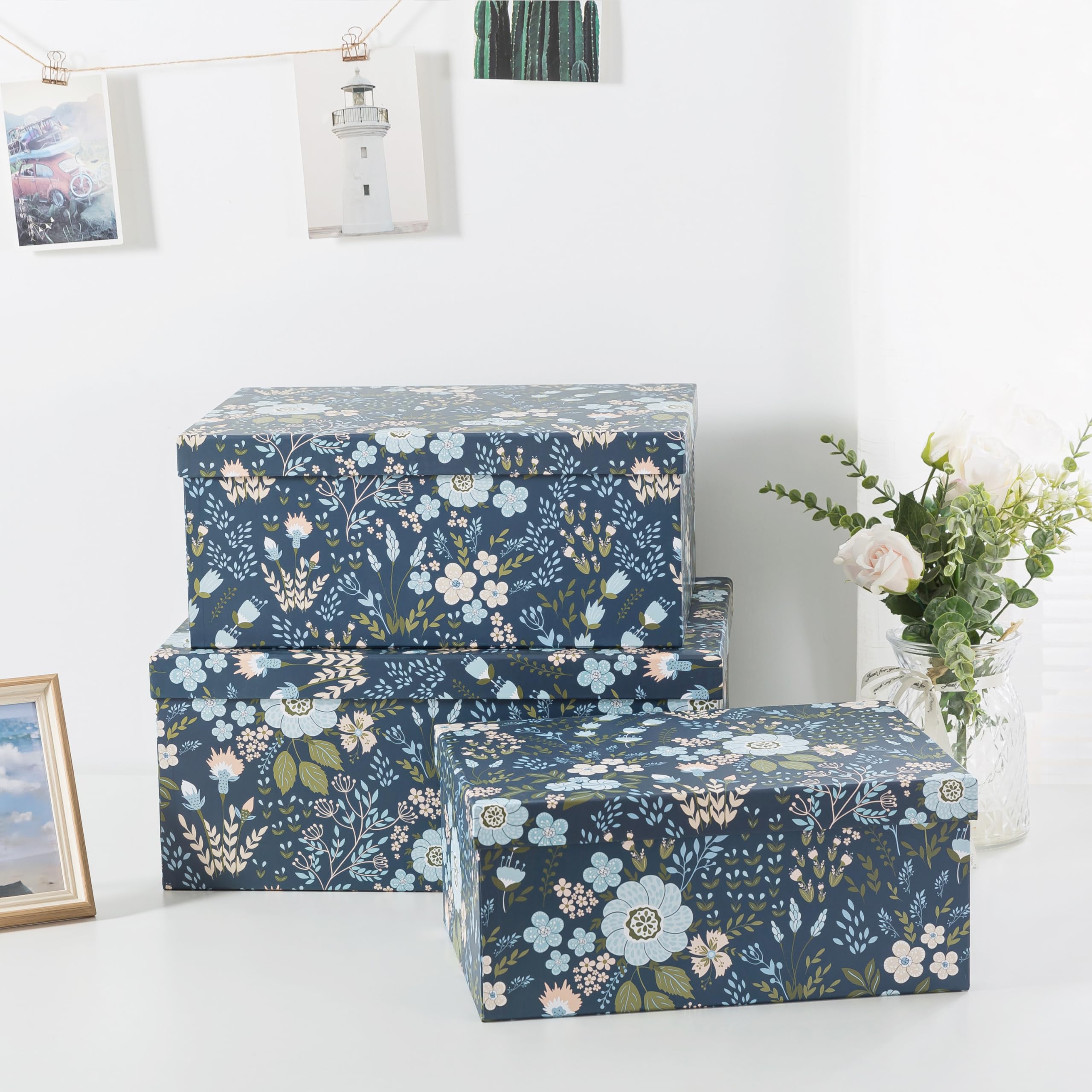 Soul & Lane Cajas de almacenamiento de cartón decorativas florales con tapas, juego de 3 cajas de recuerdo grandes anidadas, almacenamiento de fotos con tapas para decoración del hogar y recuerdos