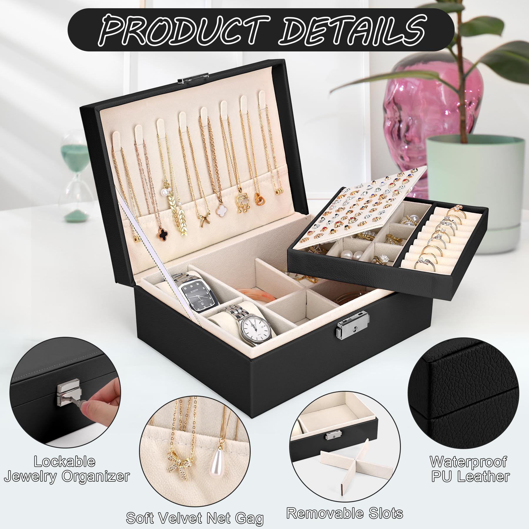 Sofore Portagioie Donna Porta Gioie Portagioie Bambina Grande Porta Gioielli Bambina a 2 Strati in Pelle PU Portagioie Donna da Camera Organizer Gioielli Storing Jewelry Earrings Anelli, Nero Perla