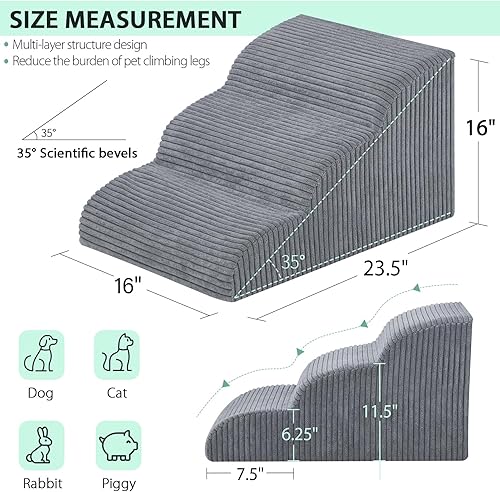Miniatura 4 de Escaleras para perros y escalones para camas altas, 3 escalones de espuma de alta densidad, rampa impermeable para perros y gatos pequeños,