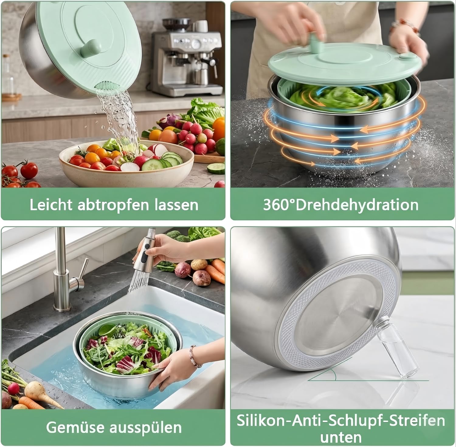 5L Essoreuse à Salade-Acier Inoxydable, Grande Spinner a Salade avec Couvercle, Salad Spinner pour Laver et Bouton, Base Antidérapante, Utilisée pour Nettoyer, Légumes, Sécher,Couper les Salades