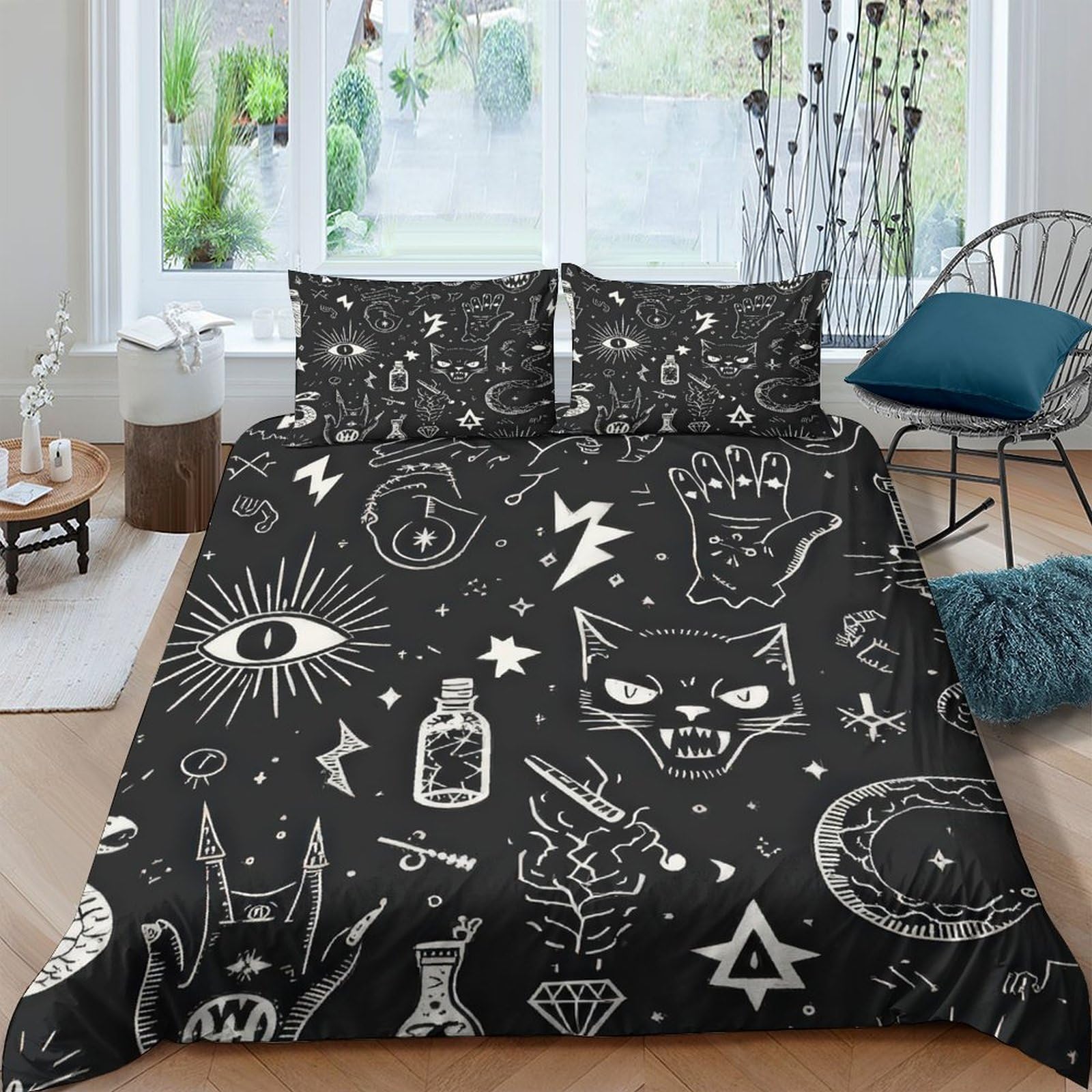 TUFRTGYHN 3D Printed Witchcraft Duvet Cover Set Microfiber Soft Black Occult Cat Bedding Set with 2 Pillowcases for Bedroom Decor Single（135x200cm）