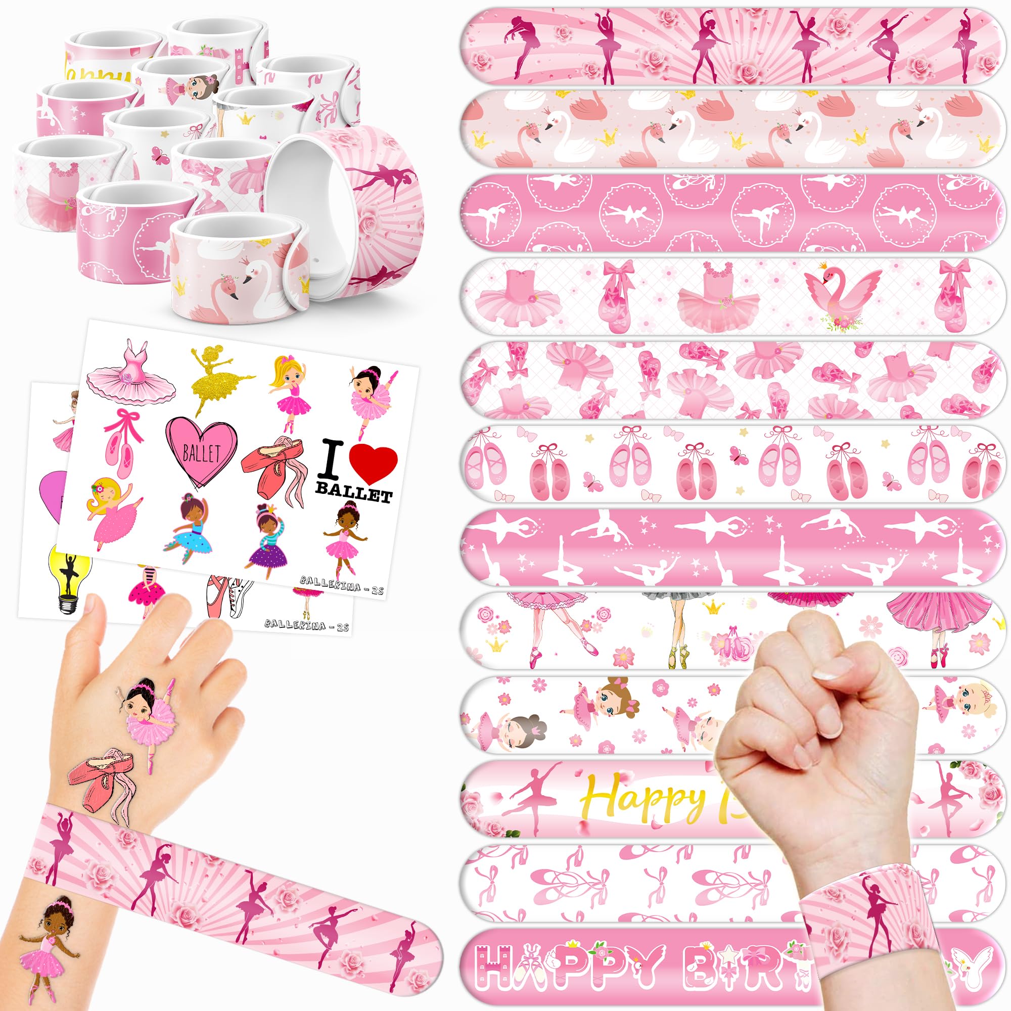 48PCS Ballerina Party Favors - 24PCS Tattoos & 24PCS Slap Bracelets - Birthday Party Supplies, Gifts, Classroom Prizes, Carnival Rewards, Christmas Decorations for Girls & Boys