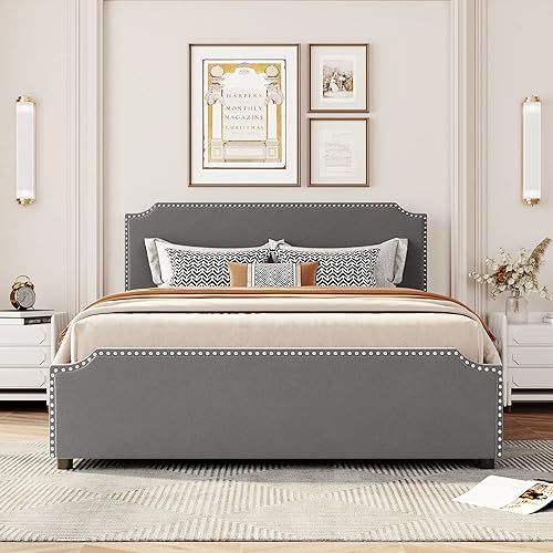 Miniatura 3 de Aiuyesuo Cama moderna tapizada de tamaño Queen con 4 cajones de almacenamiento base de colchón de tela de terciopelo con cabecera y estribo espacio
