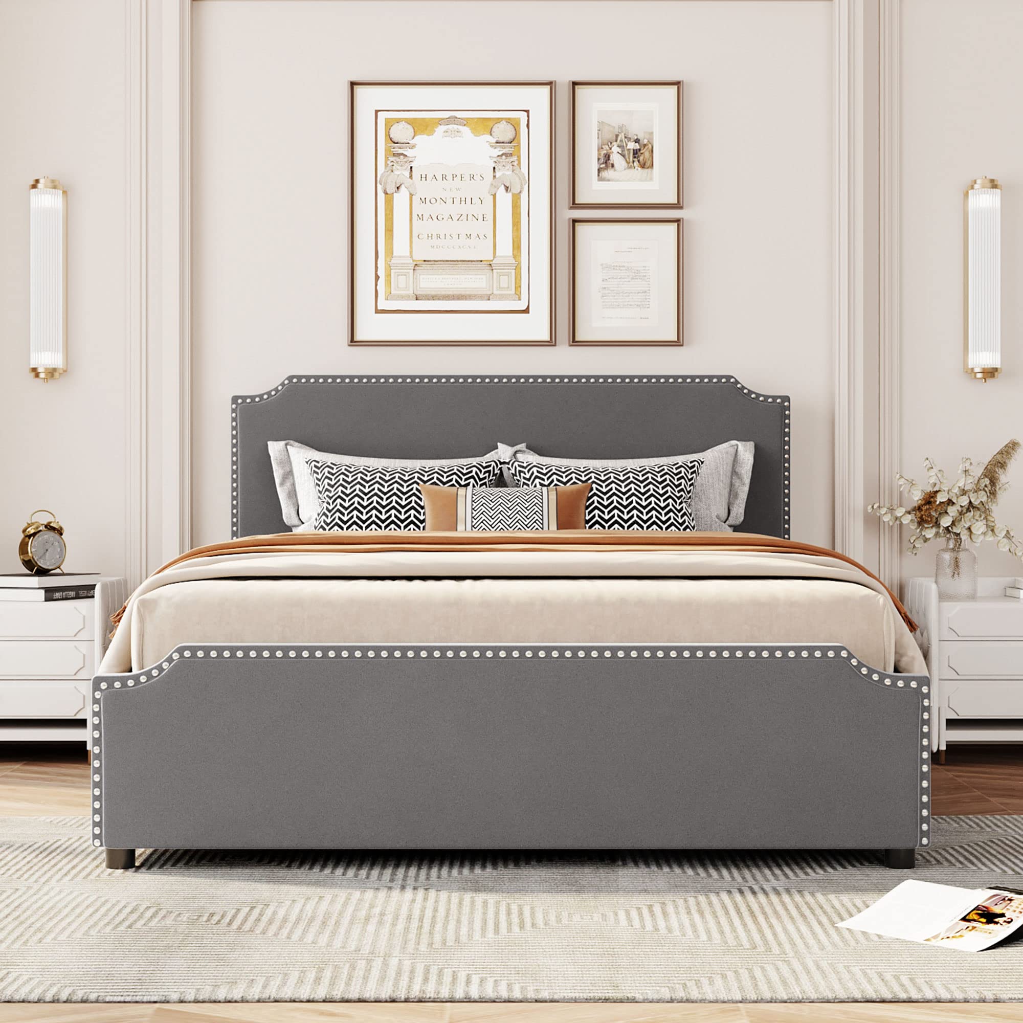 Yehha Queen Size Bed Frame w/Stud Trim Headboard & 4 Storage Drawers, Upholstered Platform Bedframe w/Wooden Slats Support & Capacity 500LBS, No Box Spring Needed, Gray