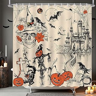 Mocsicka Vintage Halloween Shower Curtain Gothic Skull Skeleton Black Cat Ghost Castle Pumpkin Bathroom Shower Curtain Retro Halloween Waterproof Shower Curtains Decor with 12 Hooks 72 X 72 Inches