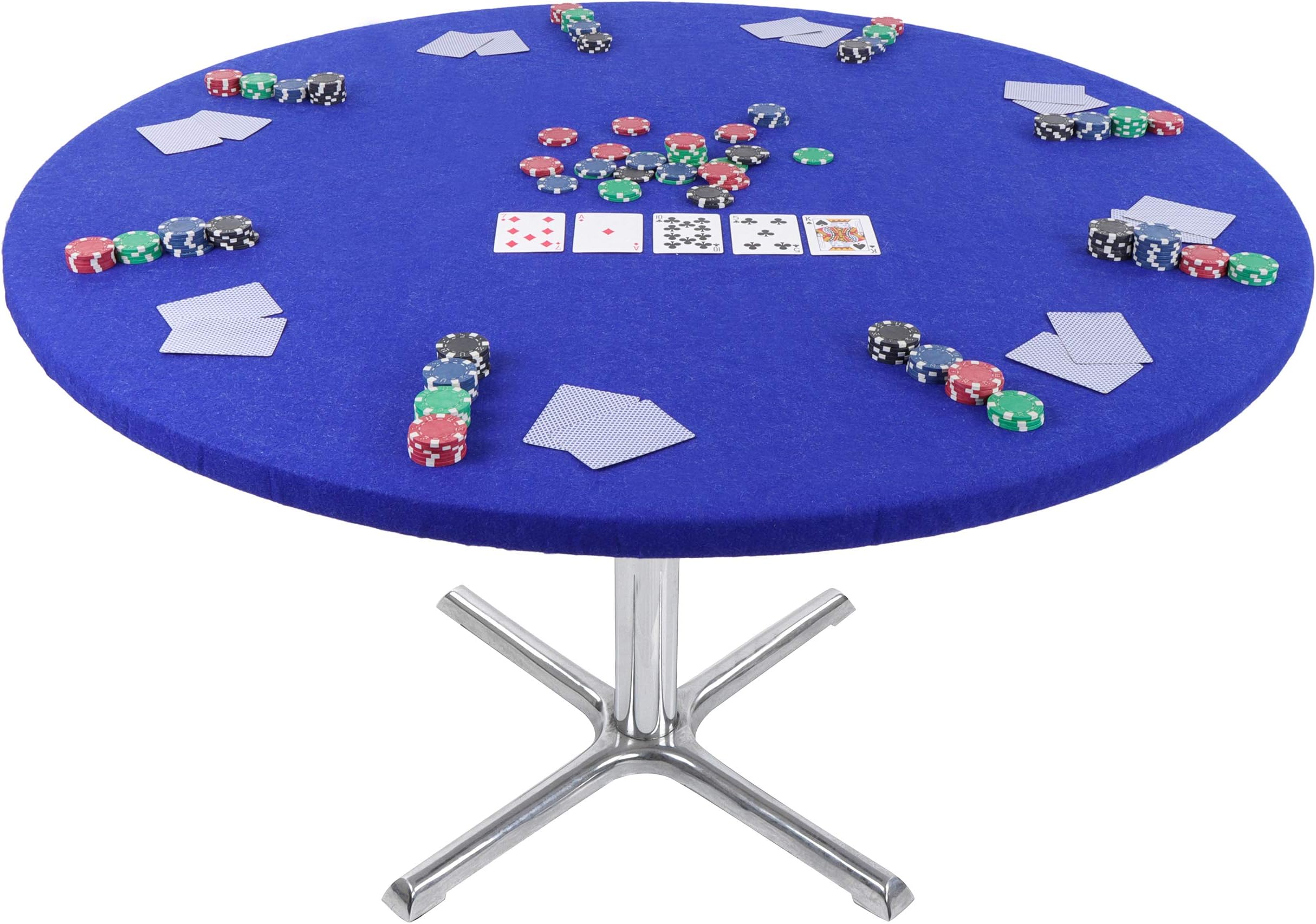 Jigitz Felt Poker Table Cover Round Fitted - 36-48in Stretch Fit Blue Felt Card Table Cover - Table Cloth Protector for Mah Jong, Poker, Dominoes and Casino Game Night