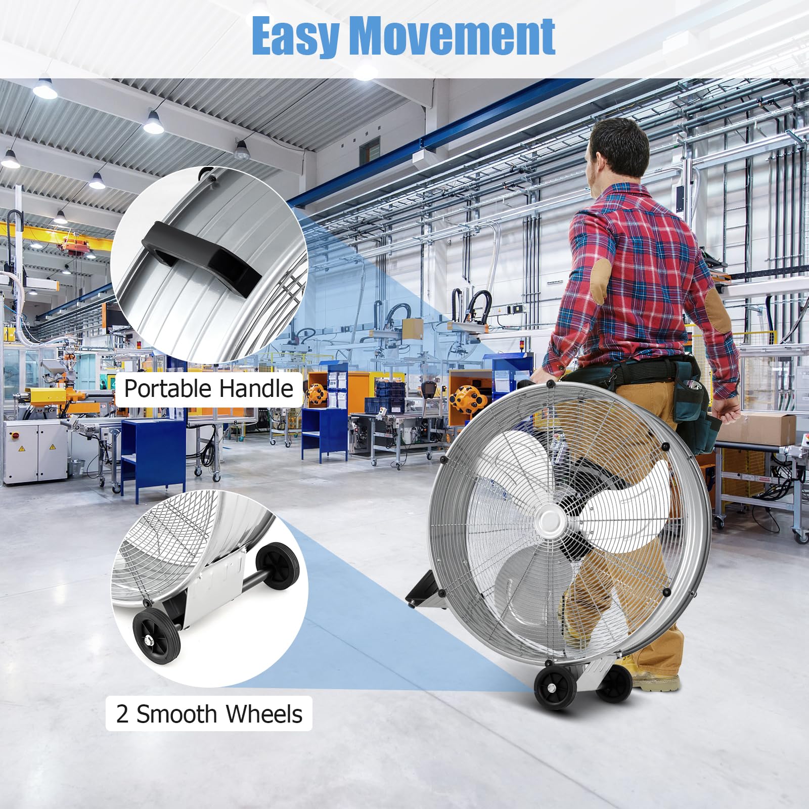 SOARS Ventilatori da Pavimento, 3 Velocità di Vento Regolabili, Ventilatore Industriale in Metallo, 2 Ruote in Gomma, per Magazzino, Officina, Cantina, Ufficio, Ø60 CM (Argento bianco)