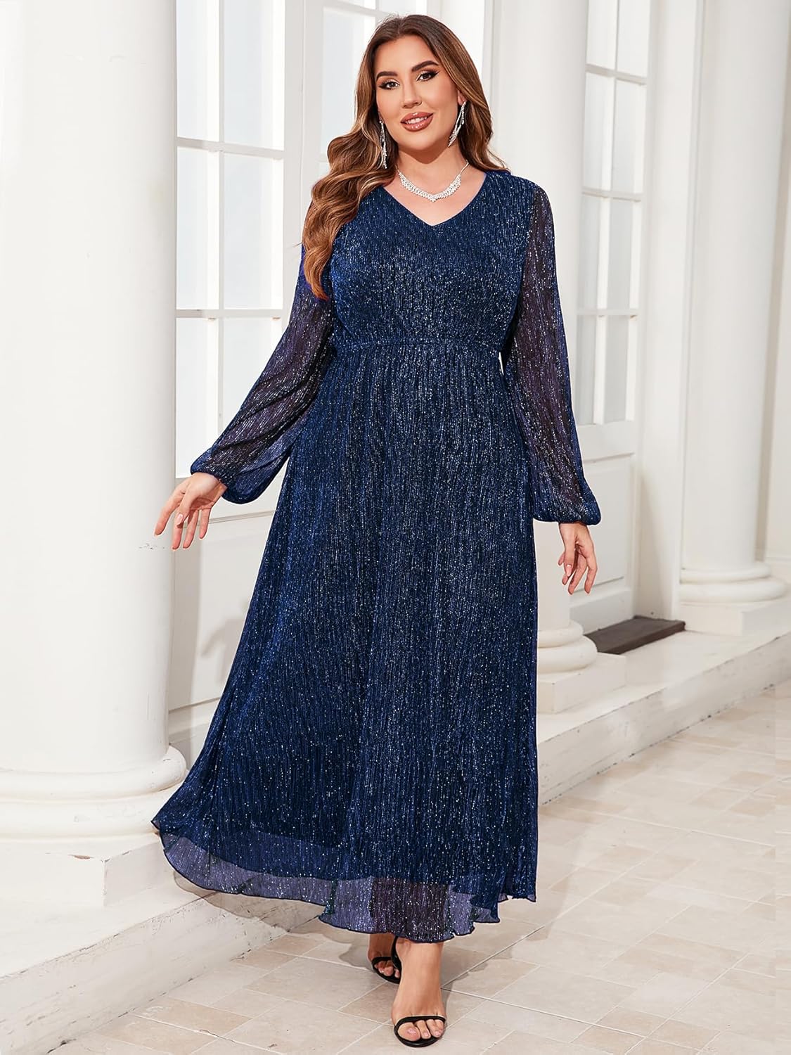 ZOMVA Plus Size 0X-4X Sparkly Mesh Maxi Formal Dress Long Sleeves V Neck A-line Flowy Dress Evening Gown Cocktail Formal - Image 5