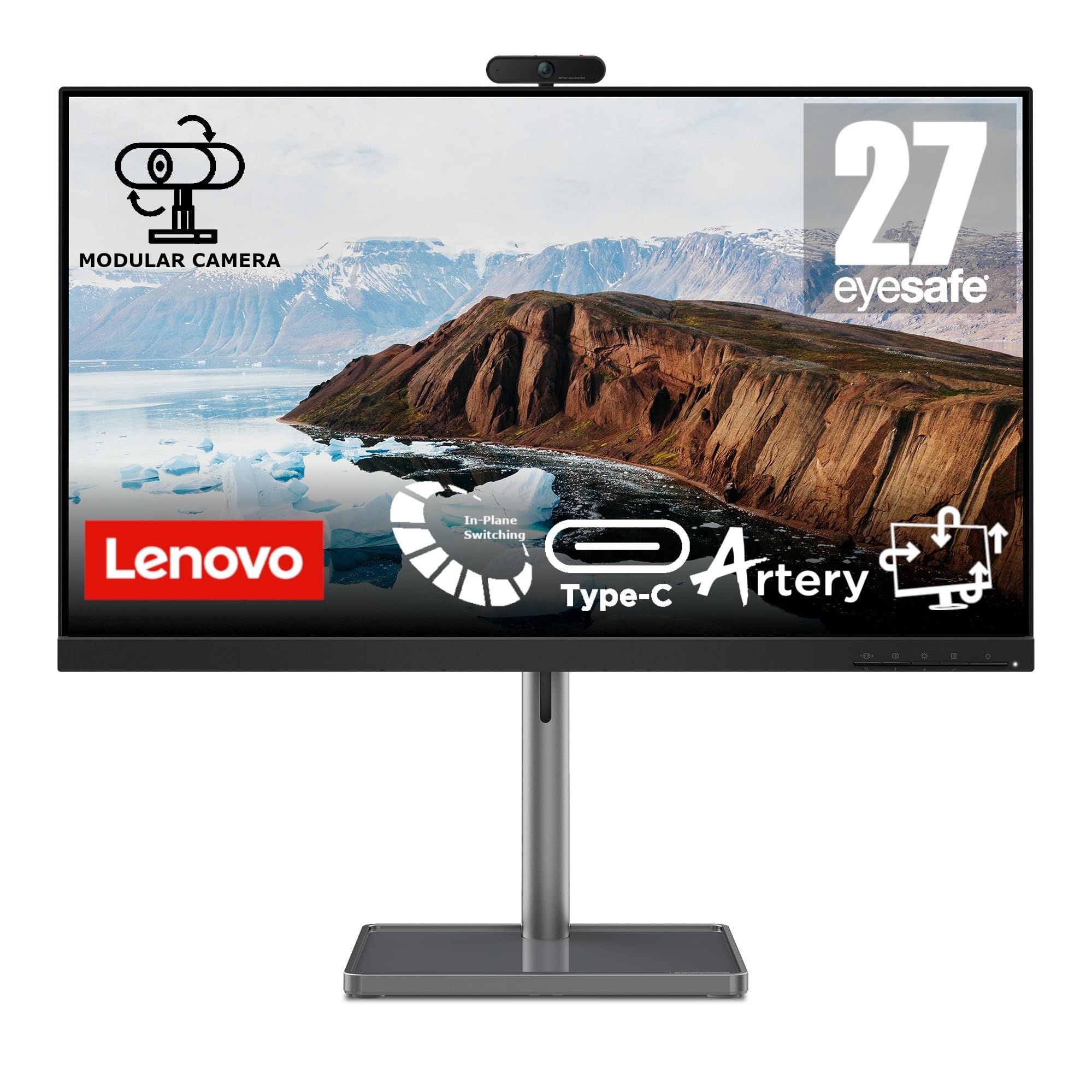 Lenovo L27m-30 Monitor 27" FHD IPS (1920x1080), 75 Hz, 4 ms, AMD FreeSync, HDMI+VGA+USB-C, HUB USB, Microfono e Altoparlanti integrati, Regolabile (Pivot), Base in Metallo, Eyesafe - Webcam inclusa