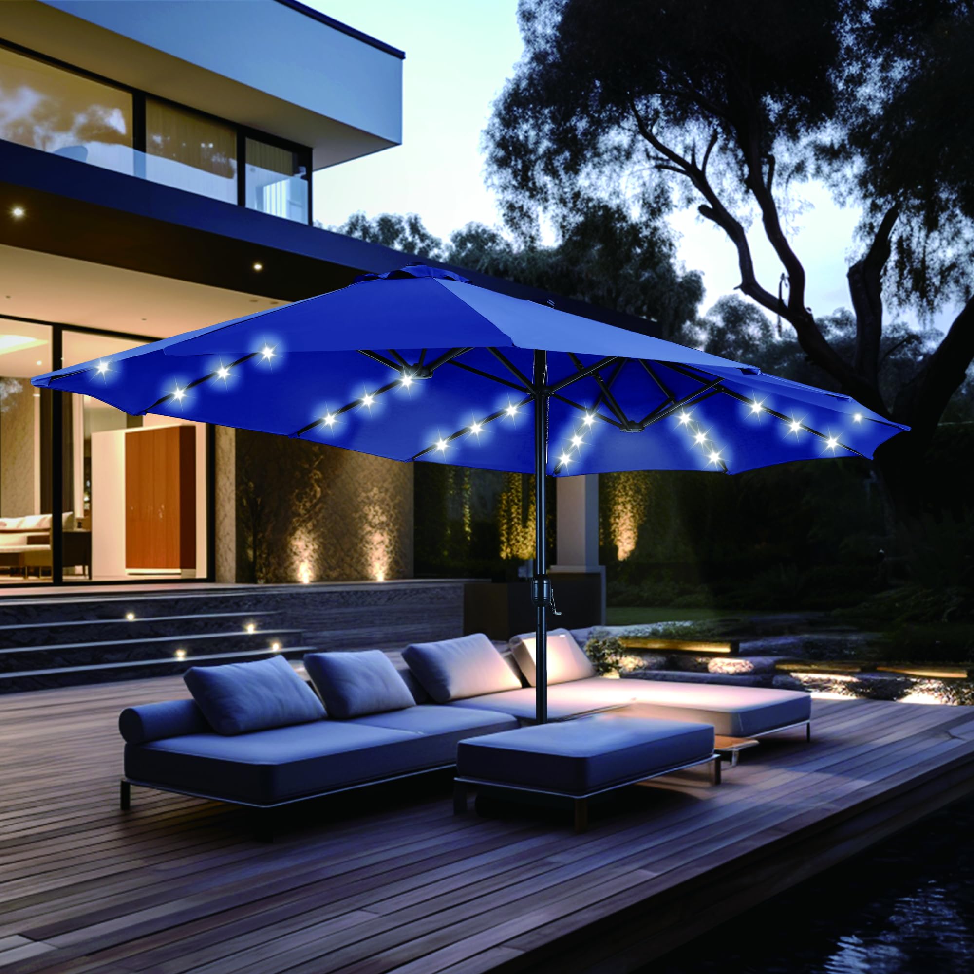 PHI VILLA Sombrilla rectangular con soporte, 450 x 270 cm, para balcón, jardín, jardín, con manivela LED, protección UV, resistente al viento
