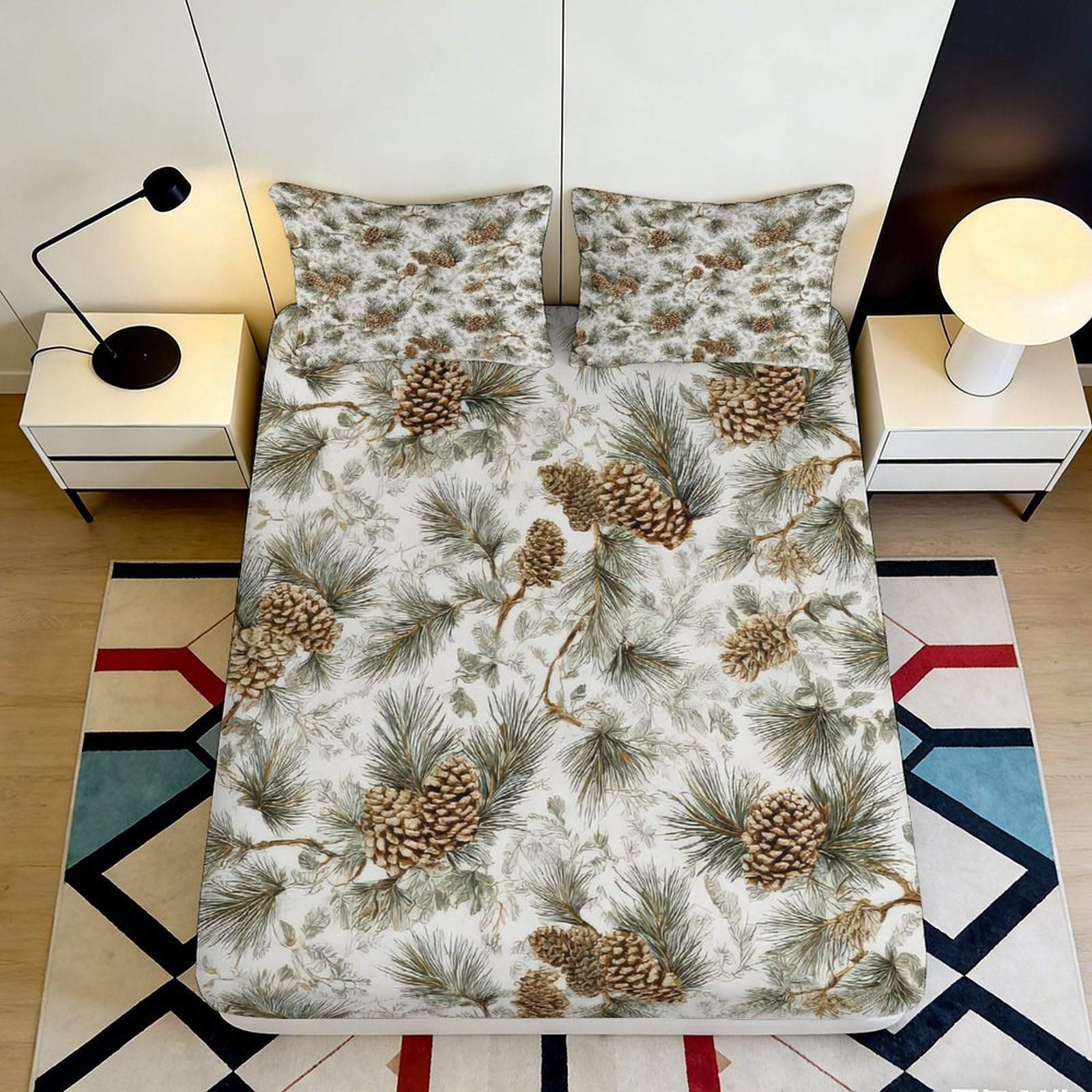 3D Printed Pine Cone Fitted Sheet Microfiber Soft Breathable Pine Needles Bed Cover for Bedroom Dormitory Guest Room Mattress Protection Decor 200x200x25cm