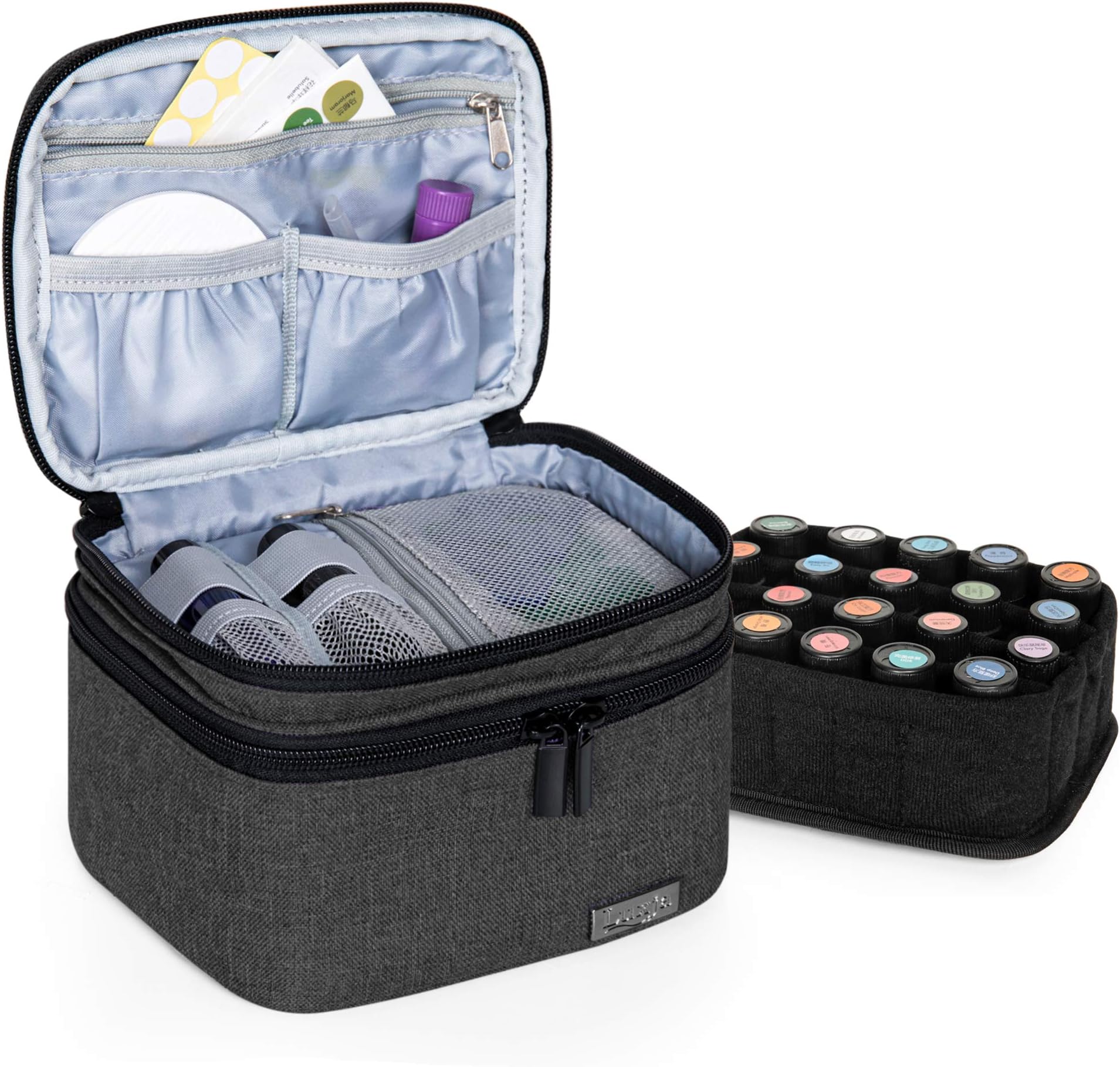 Luxja Essential Oils Bag - Holds 20 Bottles (5ml-30ml, Also Fits for Roller Bottles), Double-Layer Organizer for Essential Oil and Accessories, Black