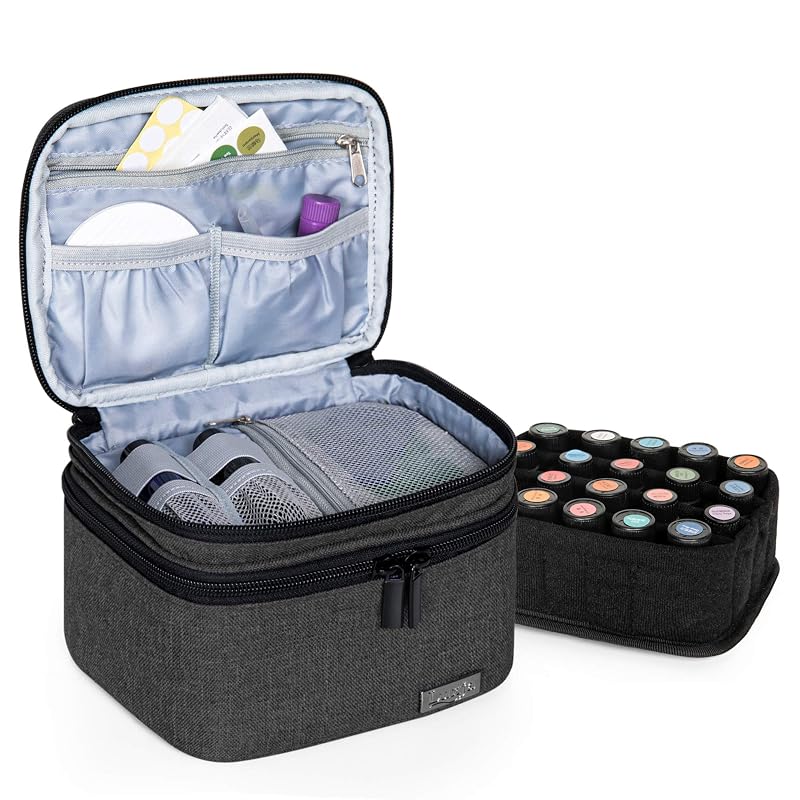 LUXJA Estojo de viagem com dois compartimentos para frascos de óleos essenciais, preto, para até 20 frascos