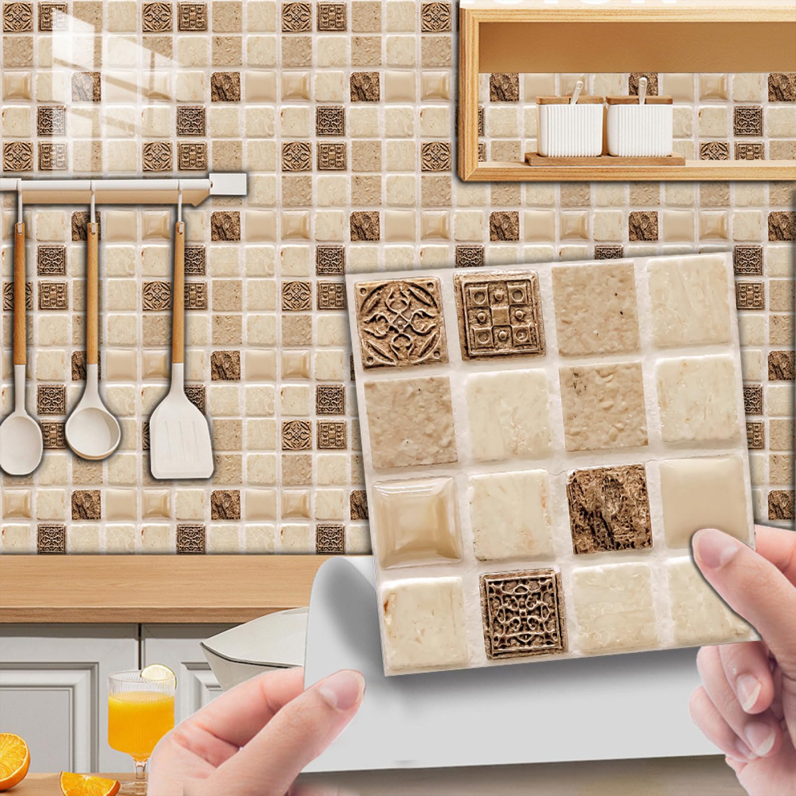 Moroccan Tile Stickers for Kitchen， Tile Stickers Beige Abstract Mosaic 15x15cm Waterproof Oil-Proof Kitchen Bathroom