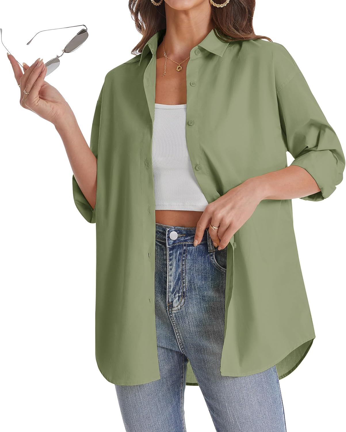 J.VER Womens Oversized Button Down Shirts Casual Long Sleeve Lightweight Breathable Solid Cotton Blouse Office Dress Shirt