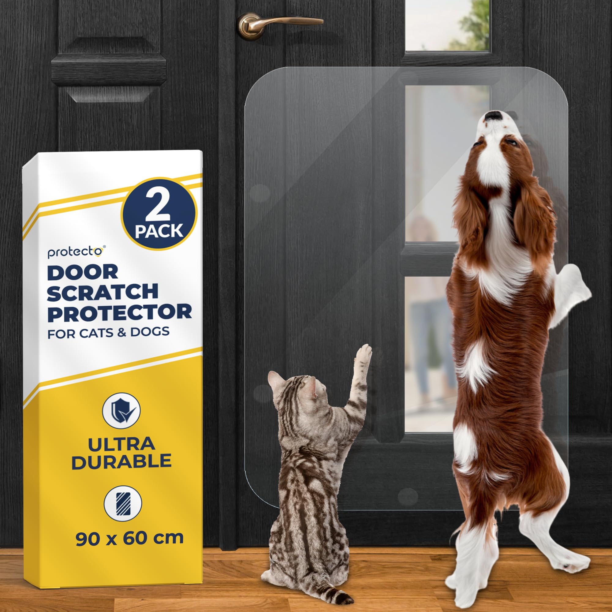 PROTECTO 2-Pack Ultra Durable Door Protector for Dogs – 90x60 cm Clear Cat Scratch Protector | Easy to Install Anti Scratch Door Guard for Dogs and Cats - Protection for Furniture, Walls and Windows